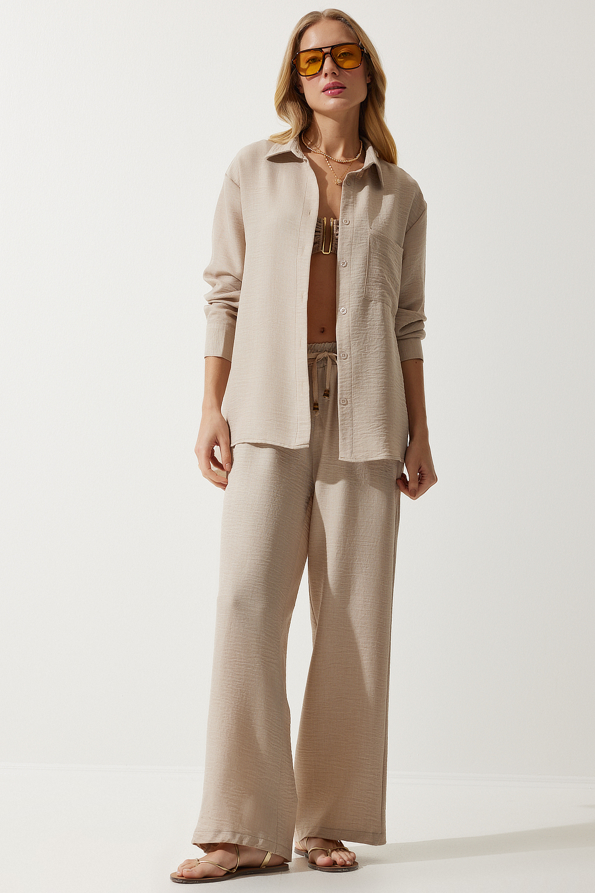 Happiness İstanbul Women's Beige Oversize Shirt Wide Trousers Suit