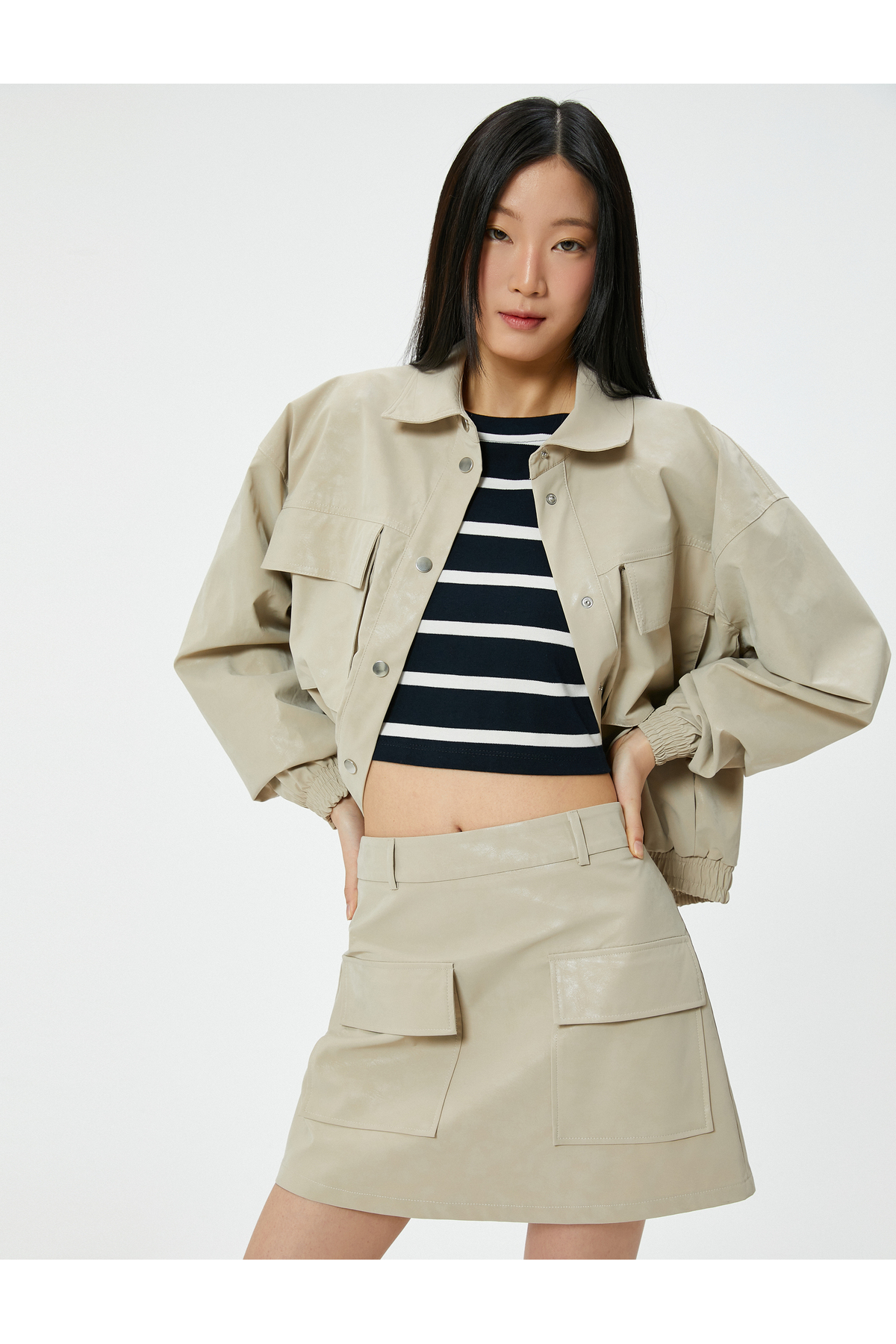 Levně Koton Faux Leather Mini Skirt With Flap Double Pocket Detail A-Line
