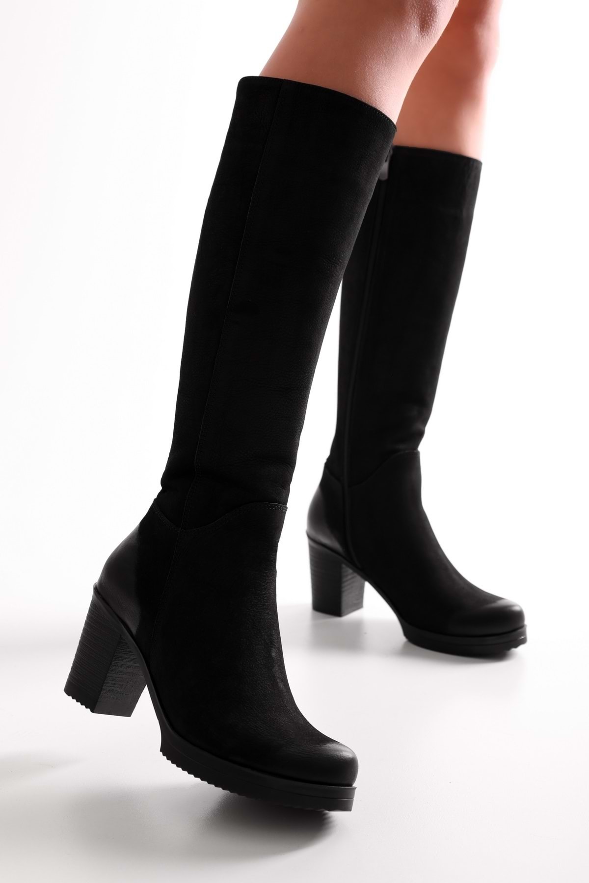 Levně Shoeberry Women's Daen Black Genuine Suede Leather Heeled Boots Black Genuine Suede Leather