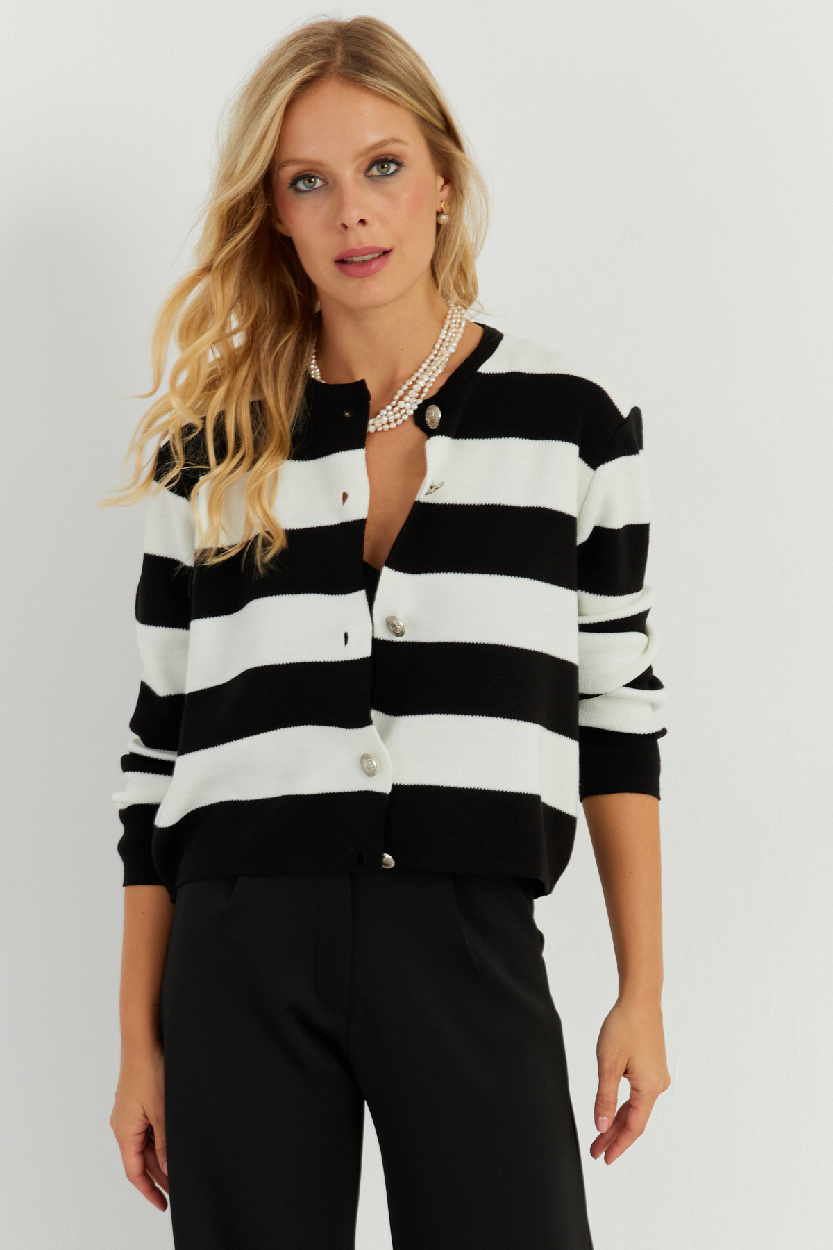 Cool & Sexy Women's Ecru-Black Striped Cardigan