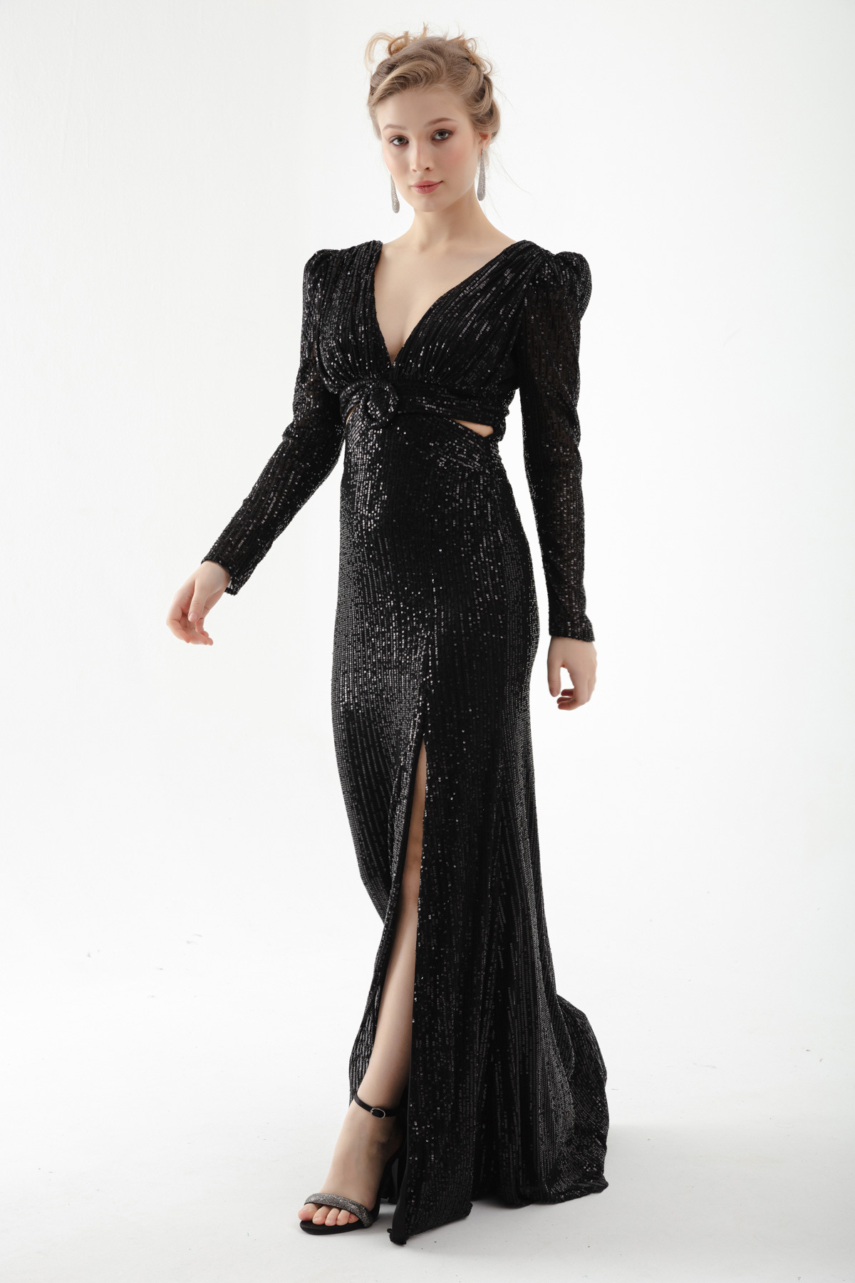 Levně Lafaba Women's Black V-Neck Waist Decollete Sequined Long Evening Dress