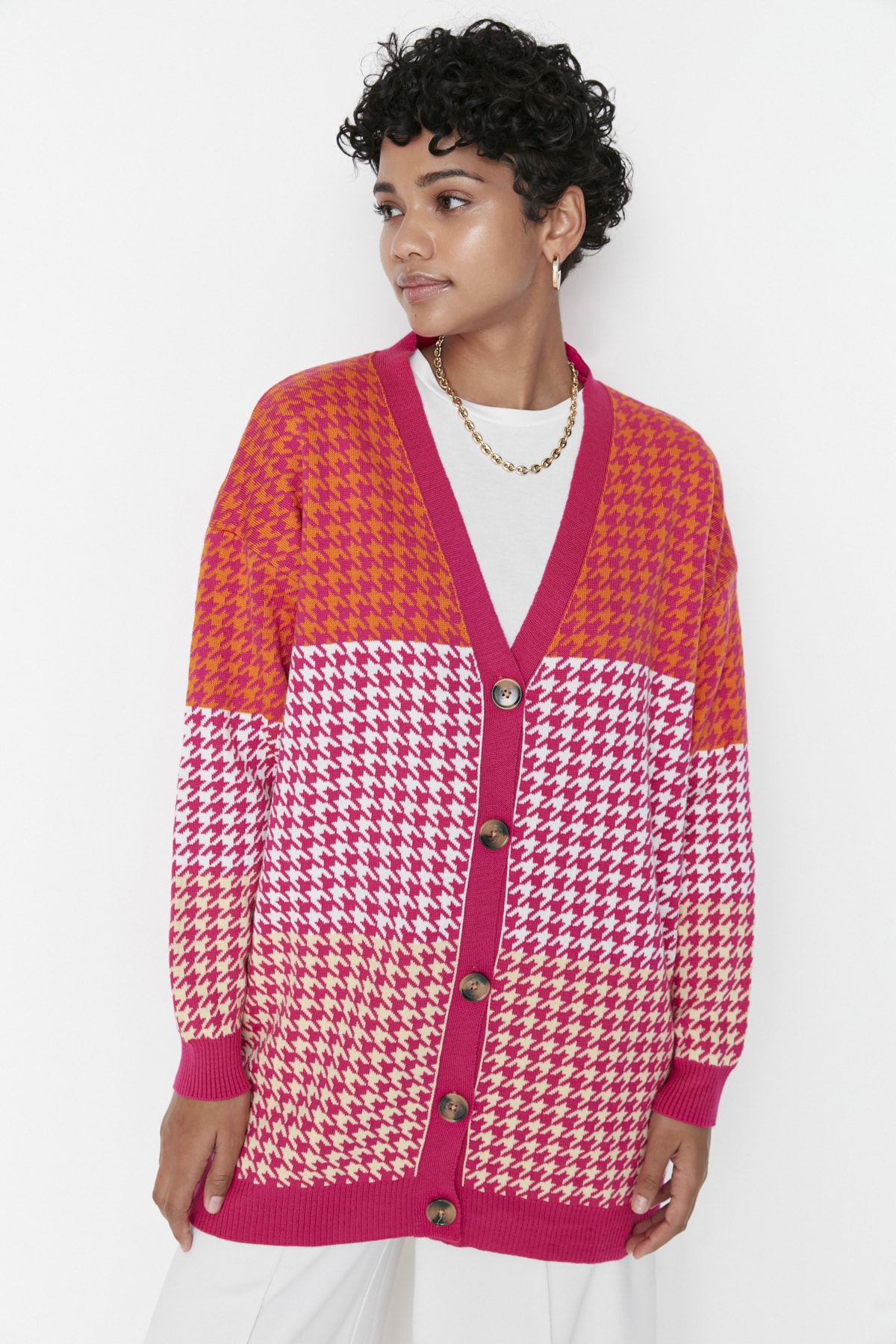 Trendyol Fuchsia Crowbarn Patterned V-Neck Knitwear Cardigan