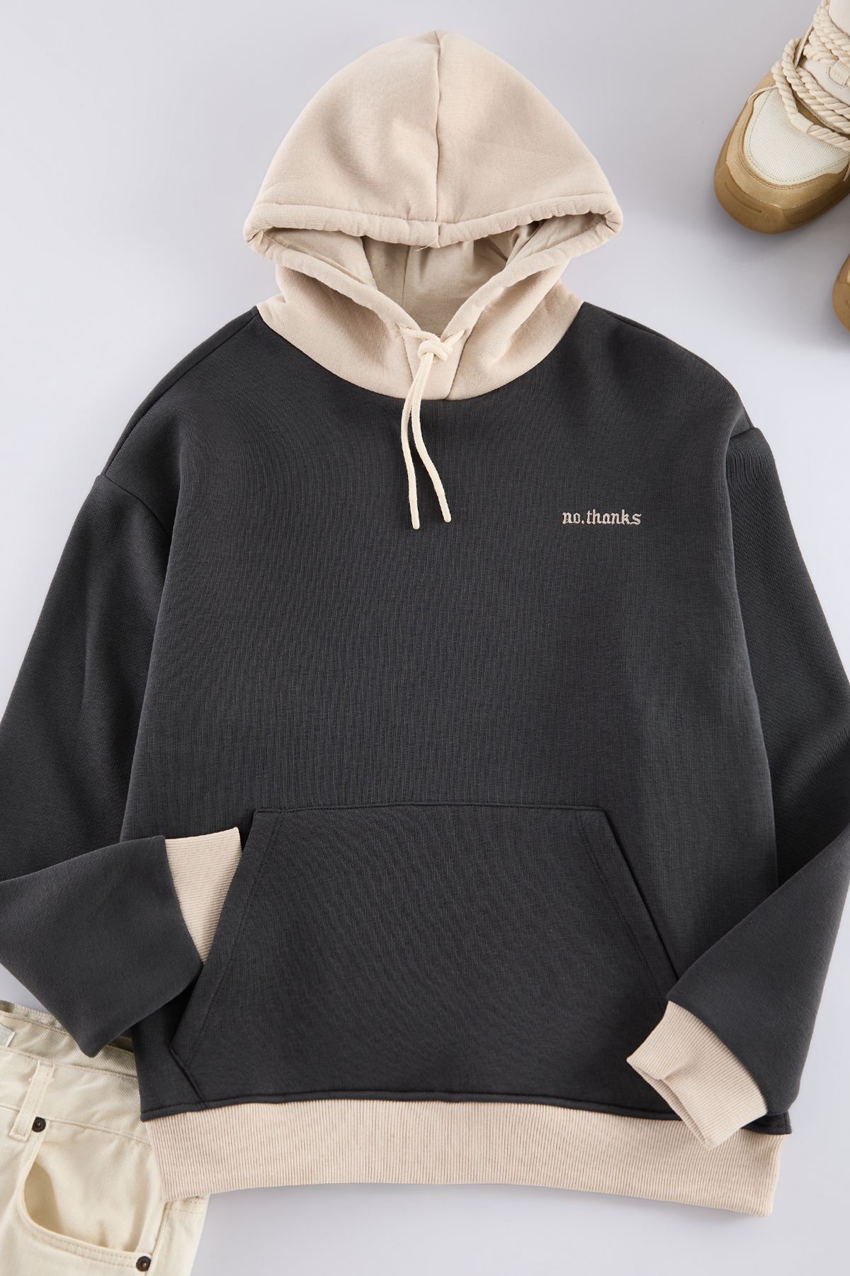 Trendyol Anthracite Oversize/Wide Cut Hooded Fleece Inside Color Block Embroidered Sweatshirt