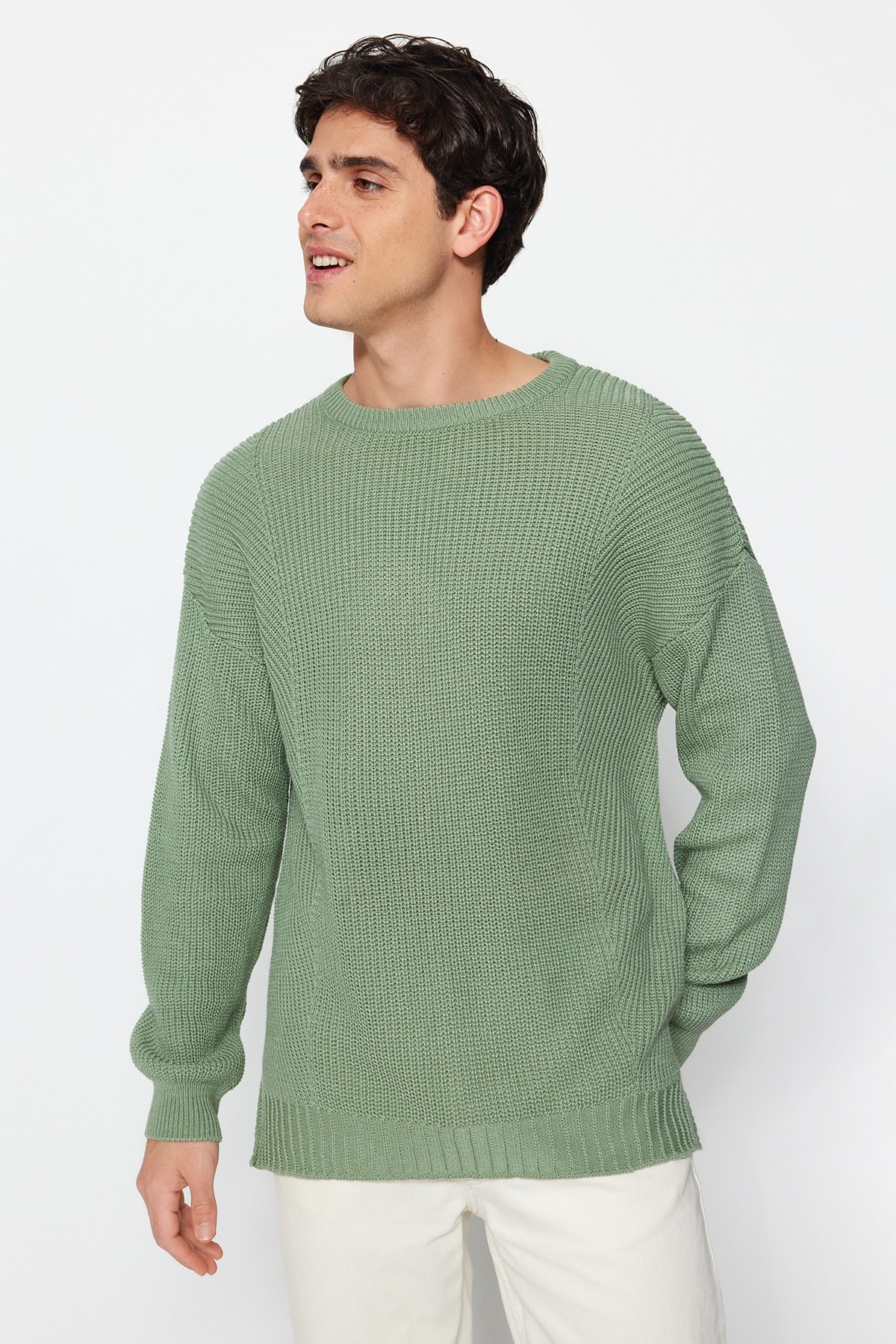 Trendyol Mint Men's Oversize Fit Wide Fit Crew Neck Slit Knitwear Sweater