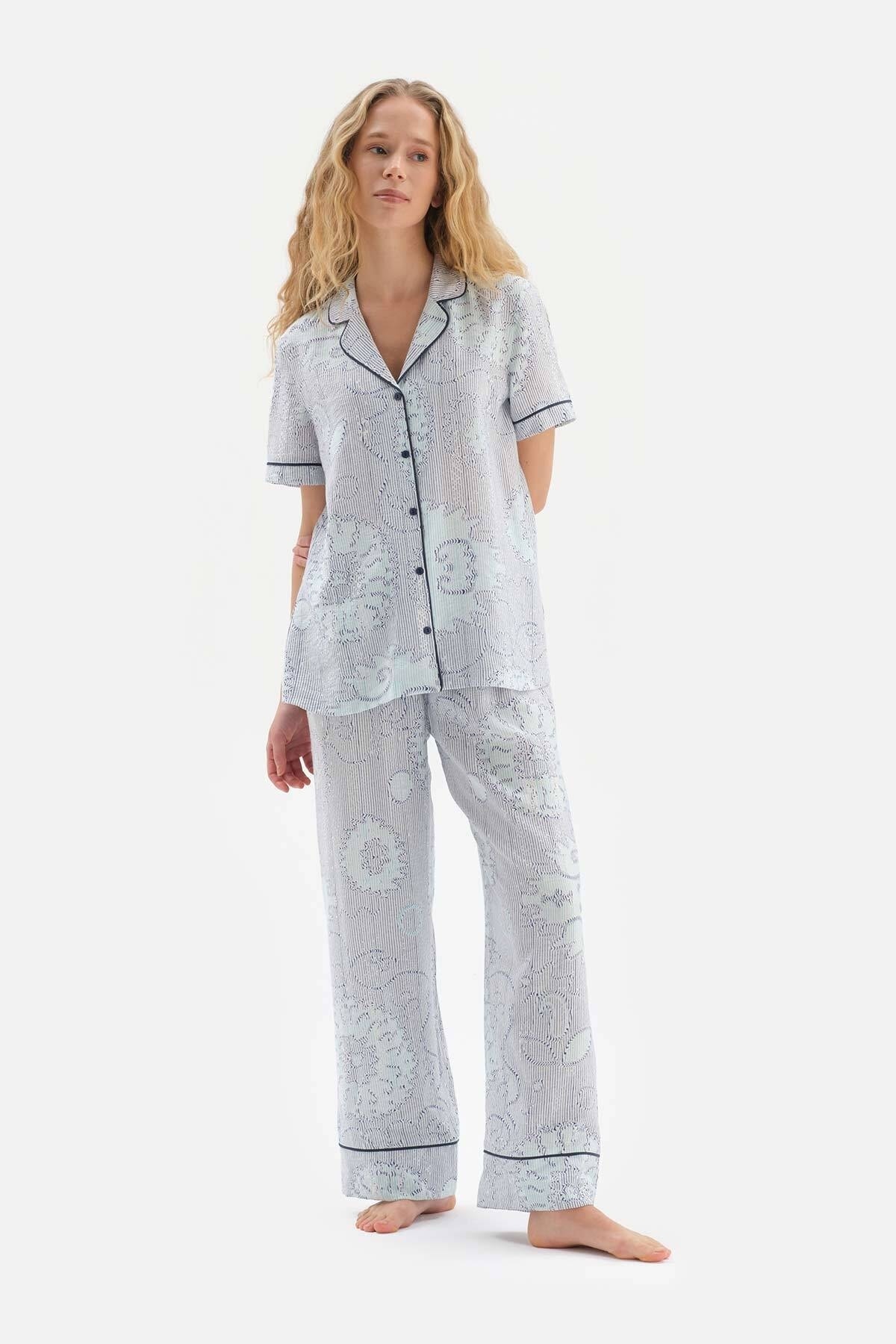 Dagi Blue Shirt Collar Tile Patterned Viscose Pajamas Set