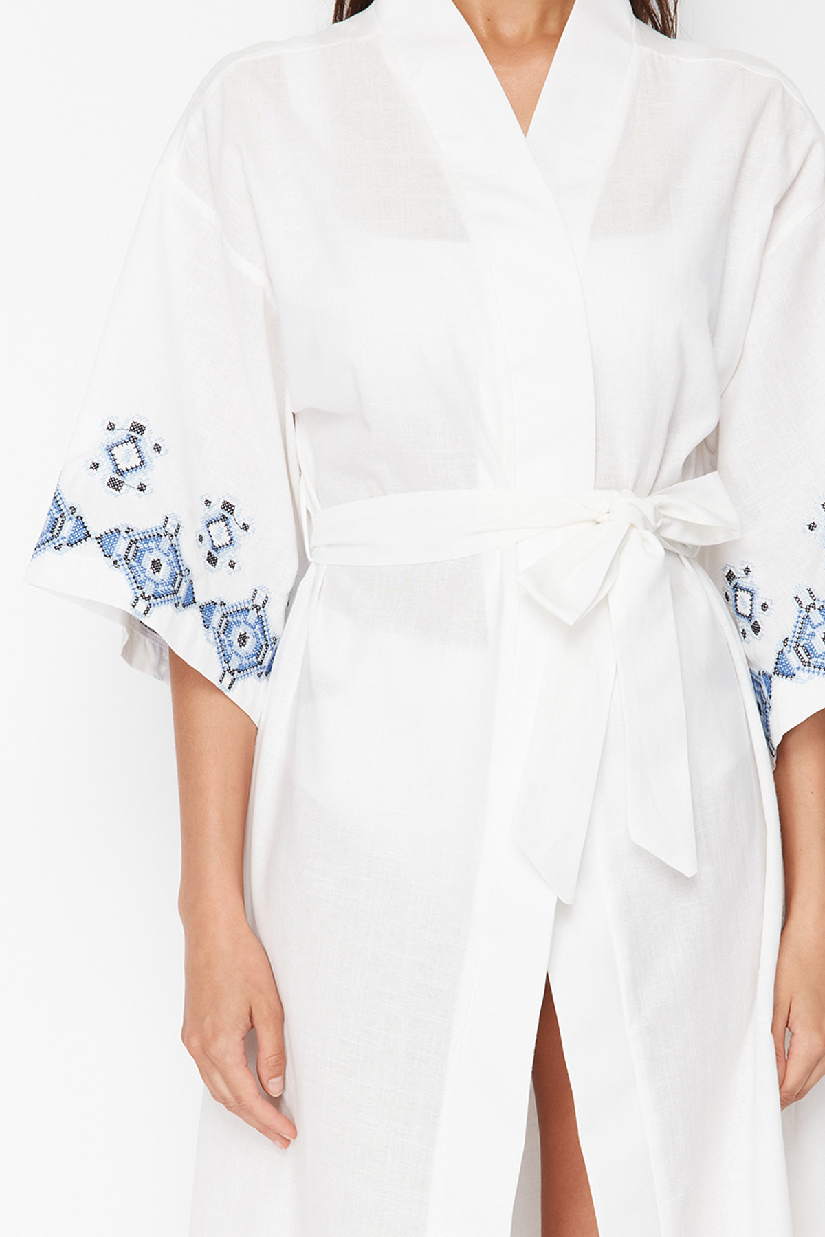 Trendyol Ecru Belted Maxi Woven Embroidered Linen Look Kimono&amp;Kaftan