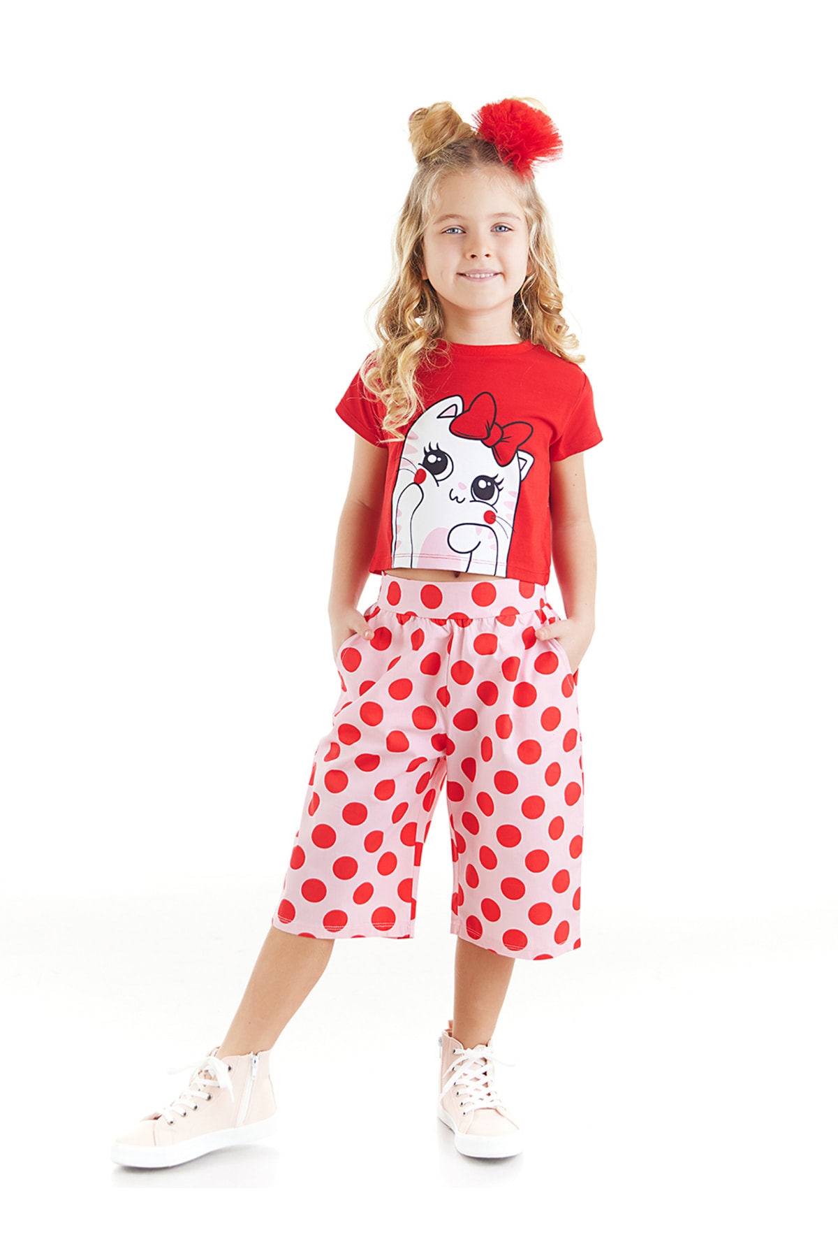 Denokids Ponchik Cat Girl Kids T-shirt Capri Shorts Set
