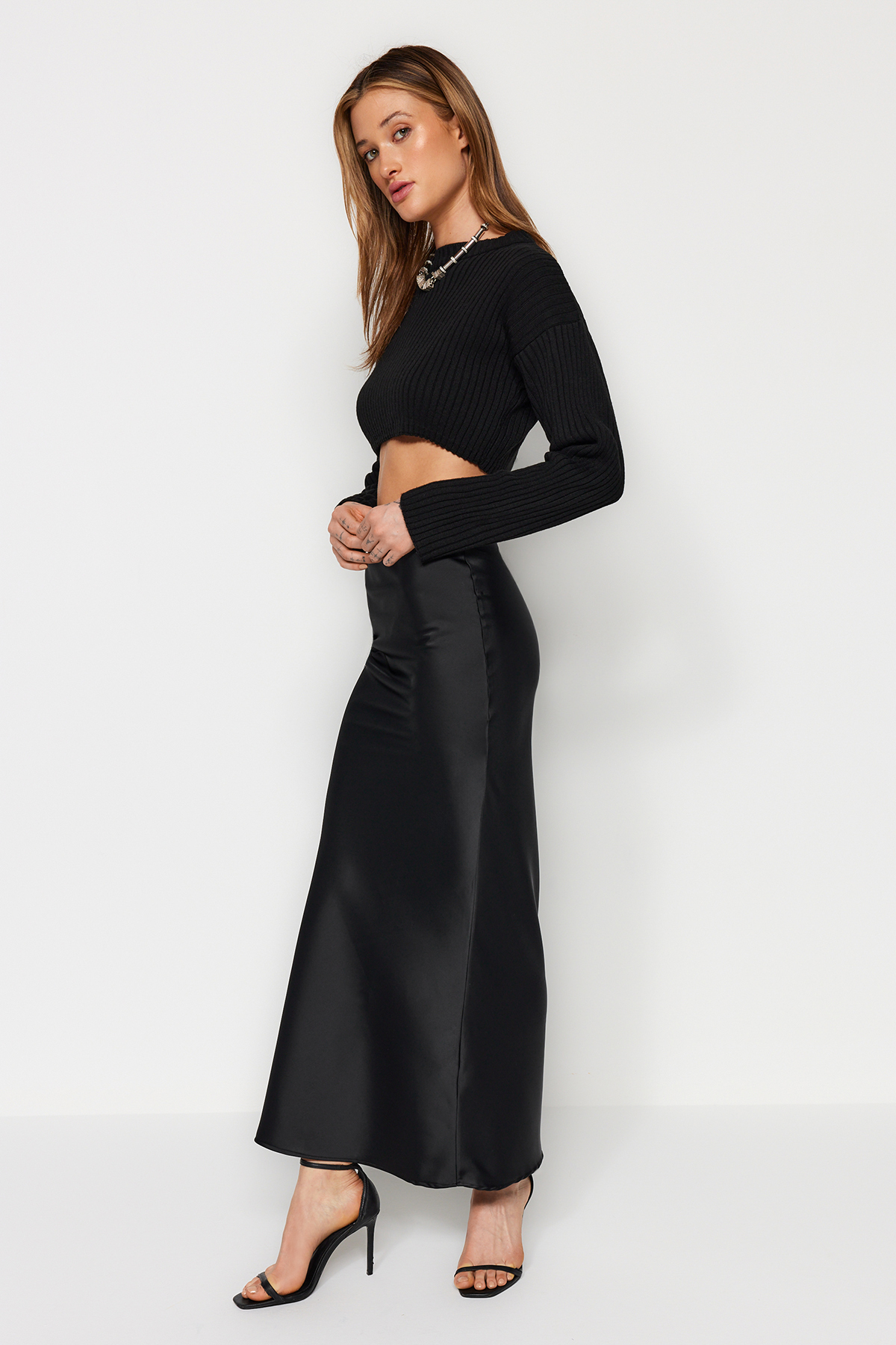 Trendyol Black Mermaid Cut Satin Maxi Length Woven Skirt