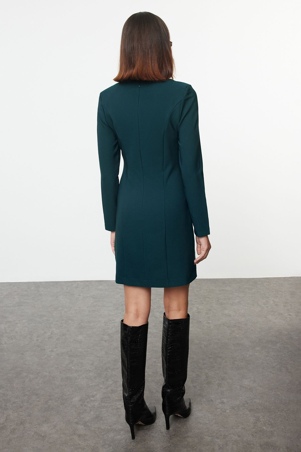 Trendyol Petrol Straight Cut Button Detailed Crew Neck Mini Woven Dress
