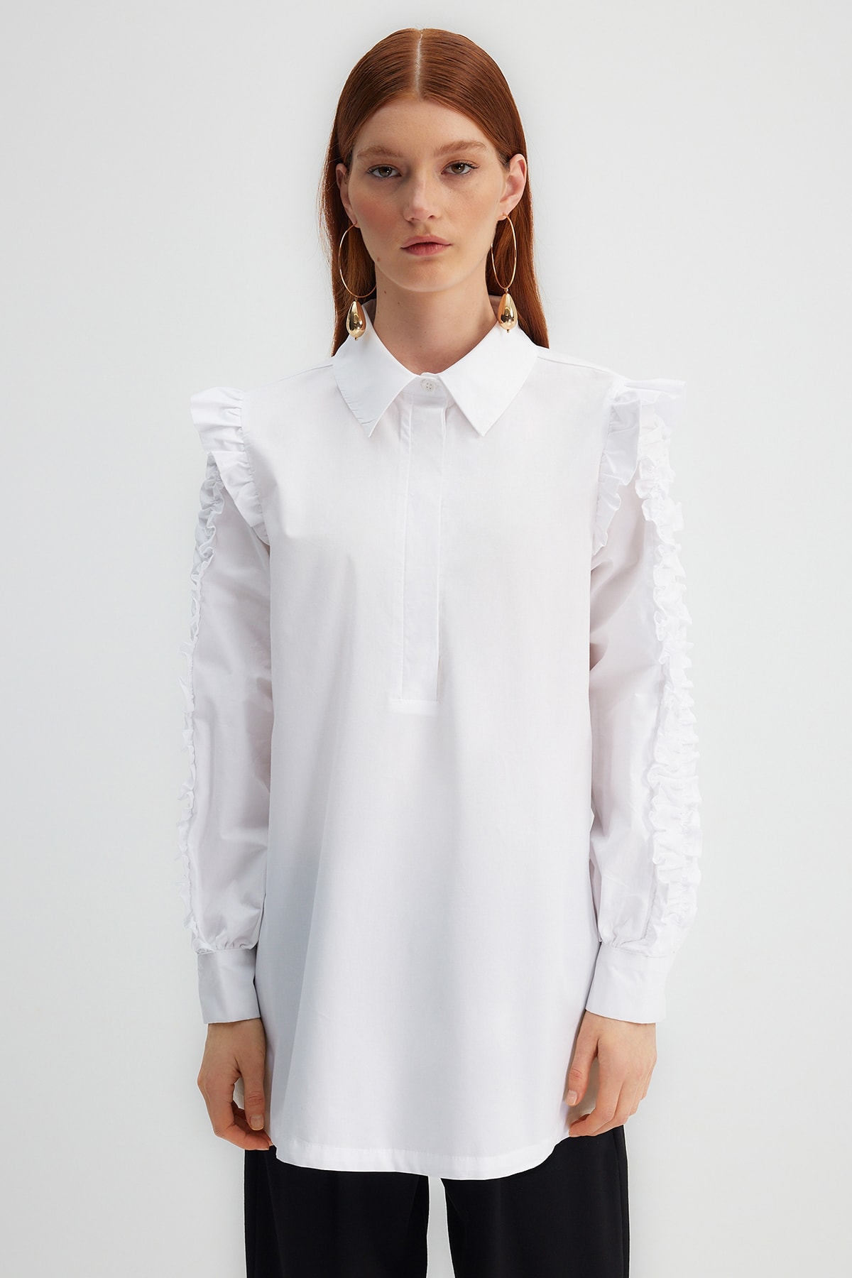 Trendyol X Kevser Sarıoğlu White Ruffle Shoulders and Sleeves, 100% Cotton Weave Poplin Tunic