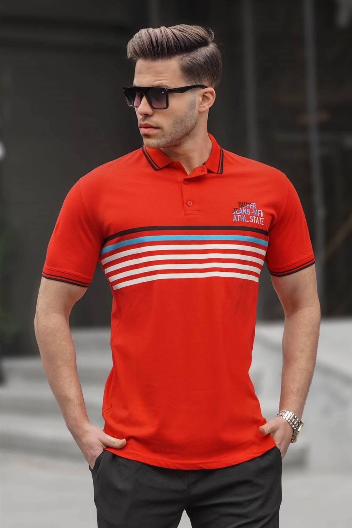 Levně Madmext Red Striped Polo Neck T-Shirt 5869