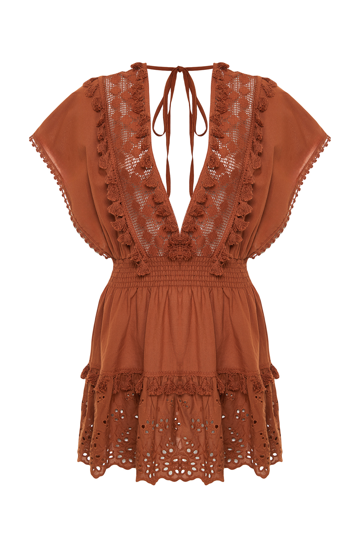 Trendyol Brown Mini Woven Embroidery Detailed 100% Cotton Beach Dress