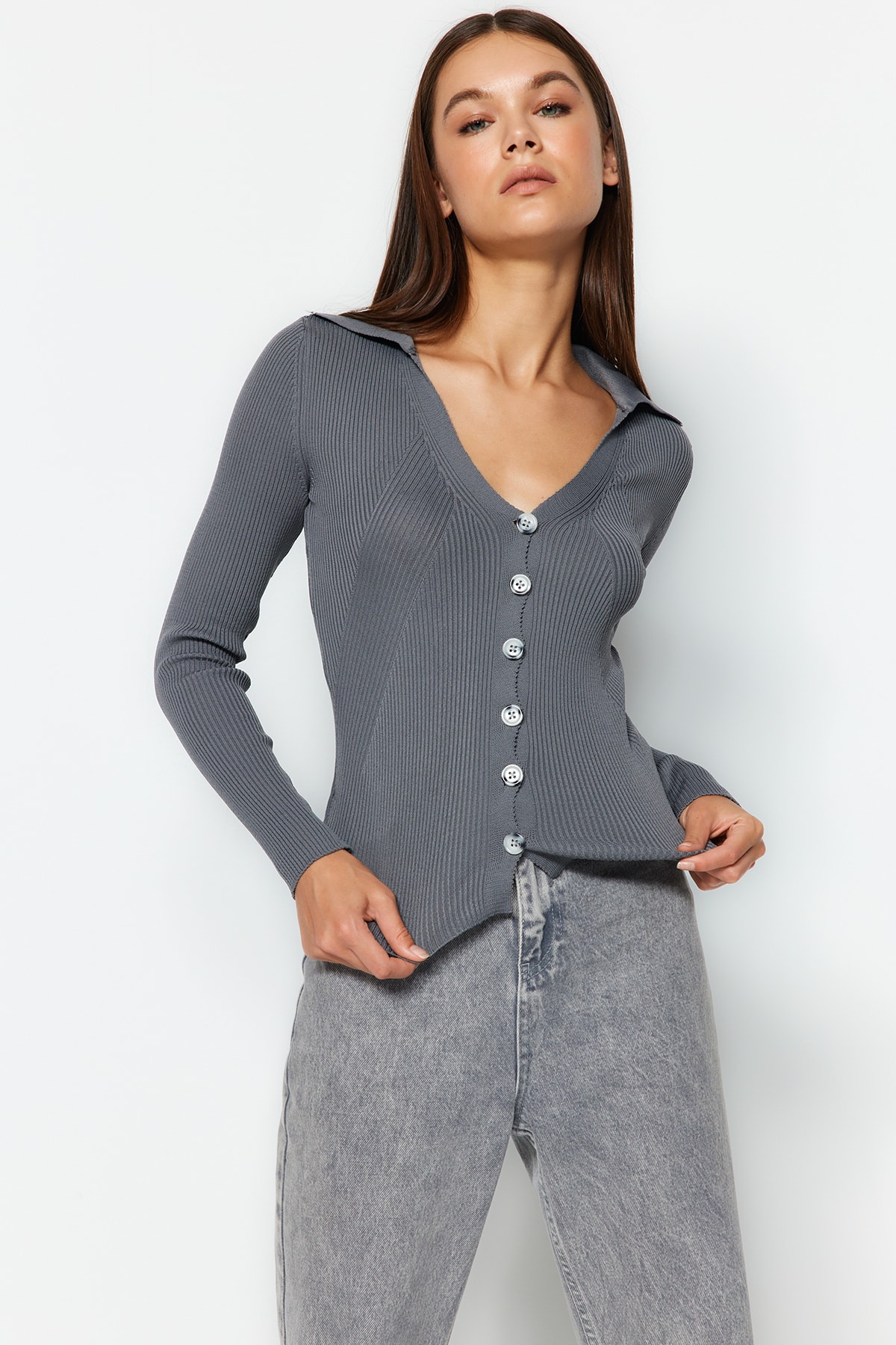 Trendyol Gray Polo Collar Knitwear Cardigan