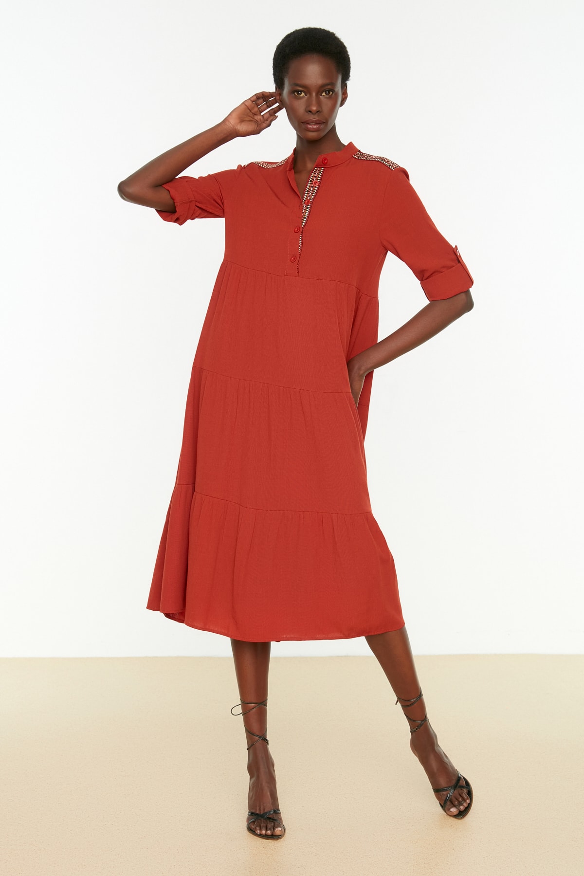 Trendyol Tile Border Detailed Woven Flounce Woven Dress