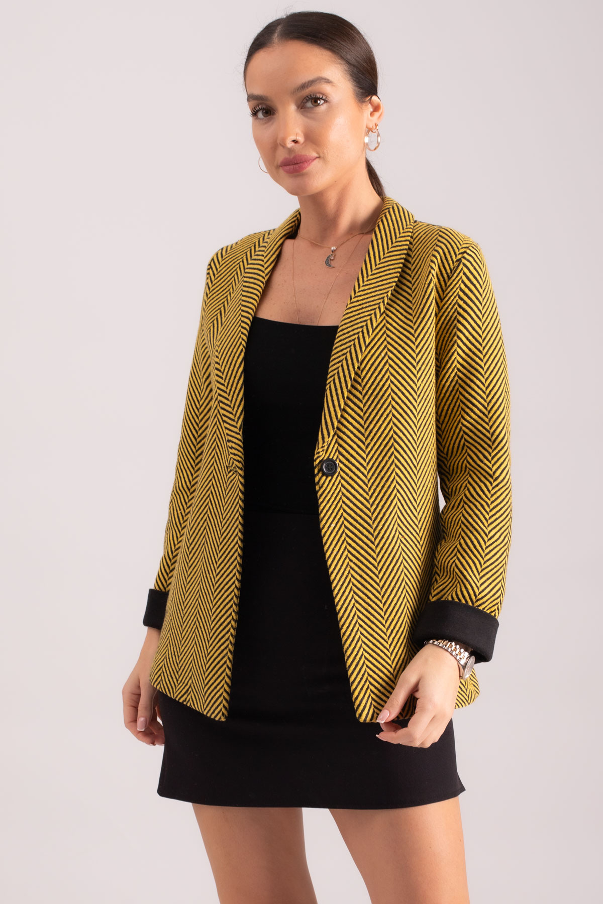 Levně armonika Women's Yellow Herringbone Pattern Fold Sleeve Single Button Cachet Jacket