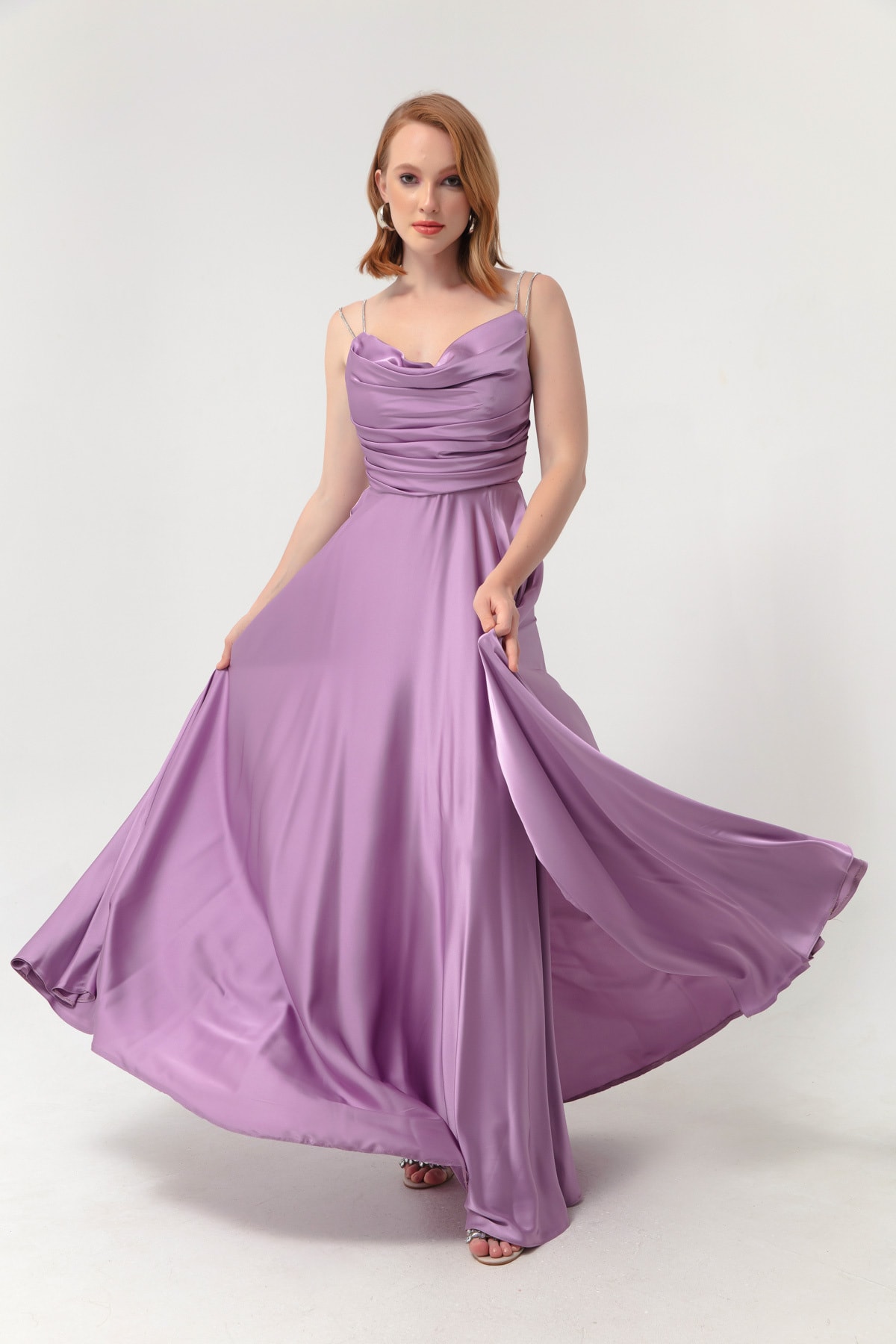 Lafaba Women's Lilac Stone Straps Long Slit Evening Dress.