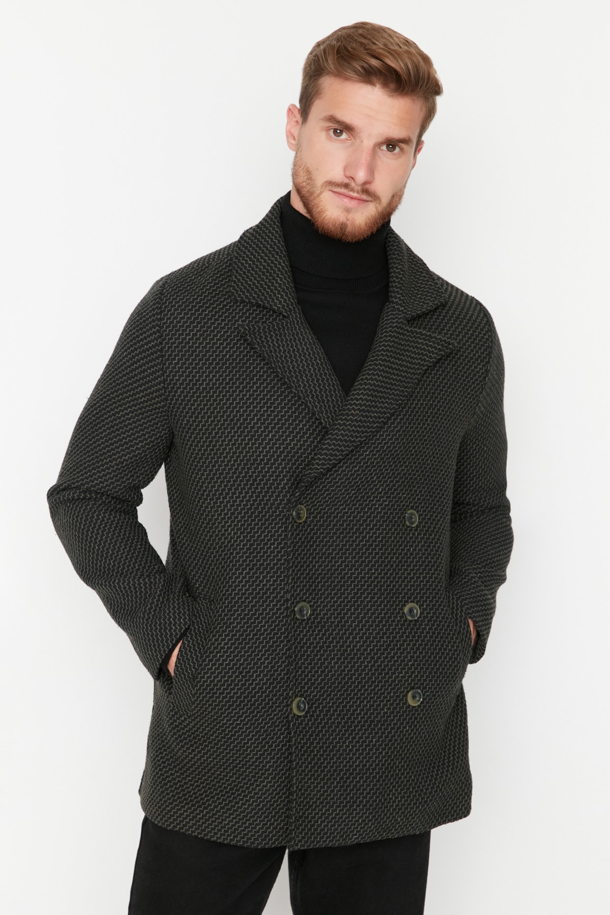 Trendyol Pánsky khaki Regular Fit dvojradový zapínací kabát s textúrou