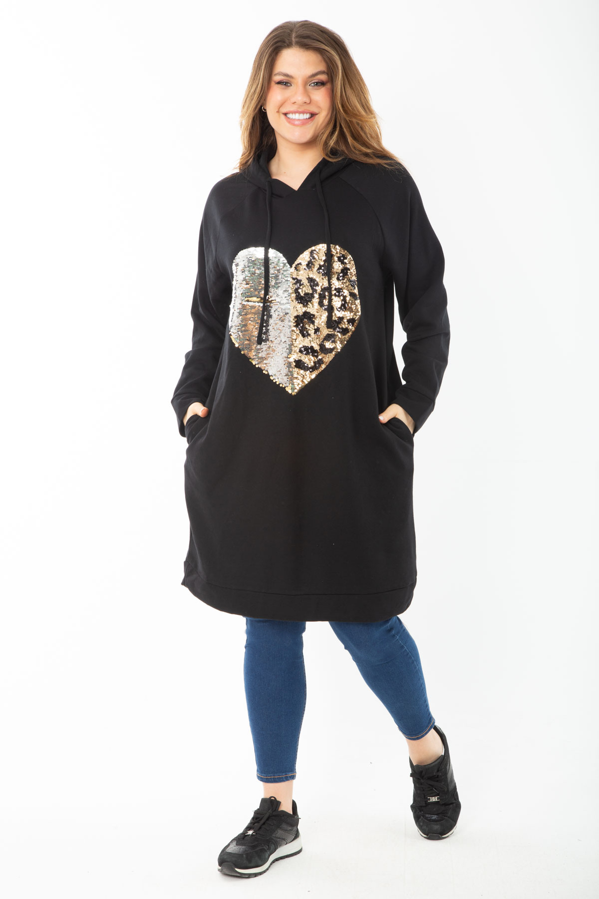 Levně Şans Women's Plus Size Black Inner Raising Sequin Detail Hooded Long Swaetshirt