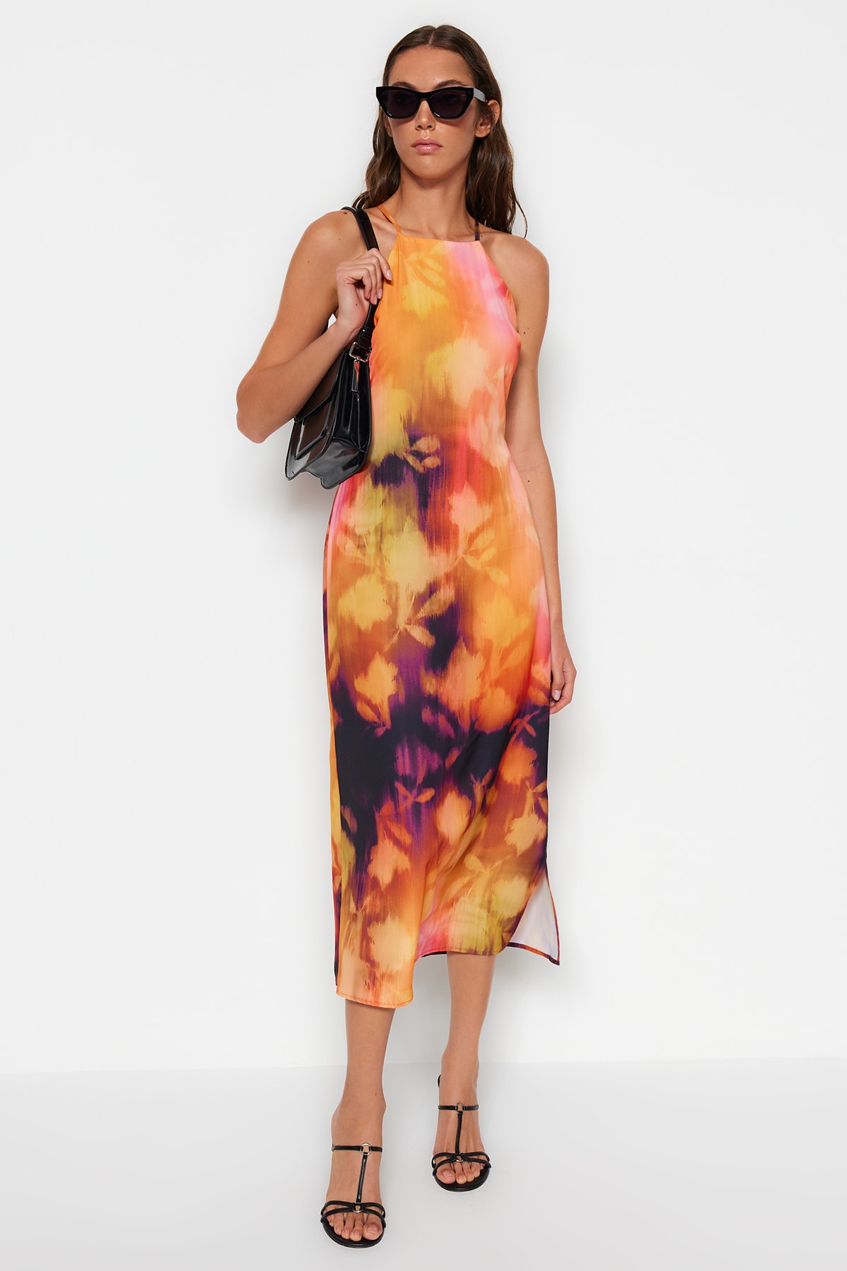 Trendyol Orange Floral Print Straight Cut Halter Neck Midi Satin Lined Woven Dress