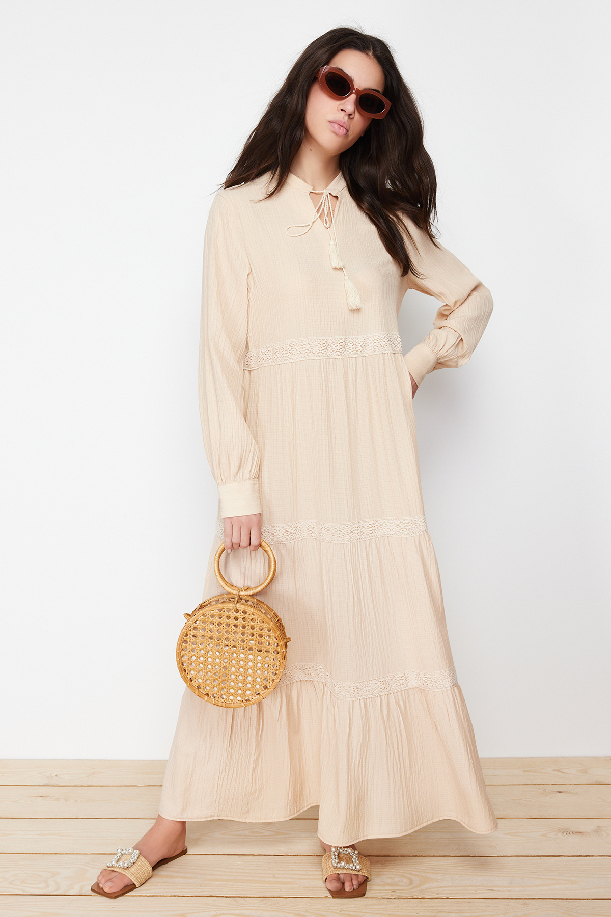 Trendyol Stone Lace Detailed Woven Dress