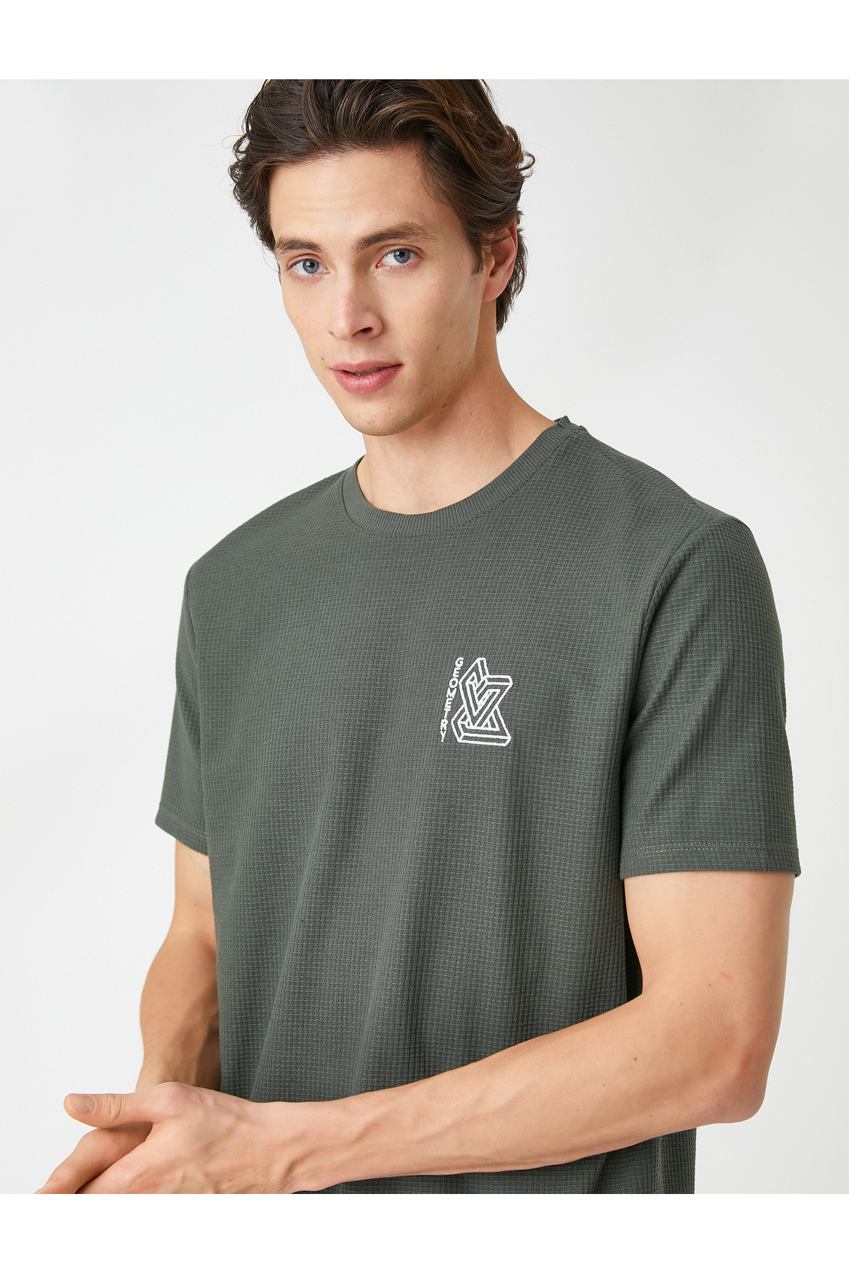 Koton Textured T-Shirt with Geometric Embroidered Short Sleeves Crew Neck.