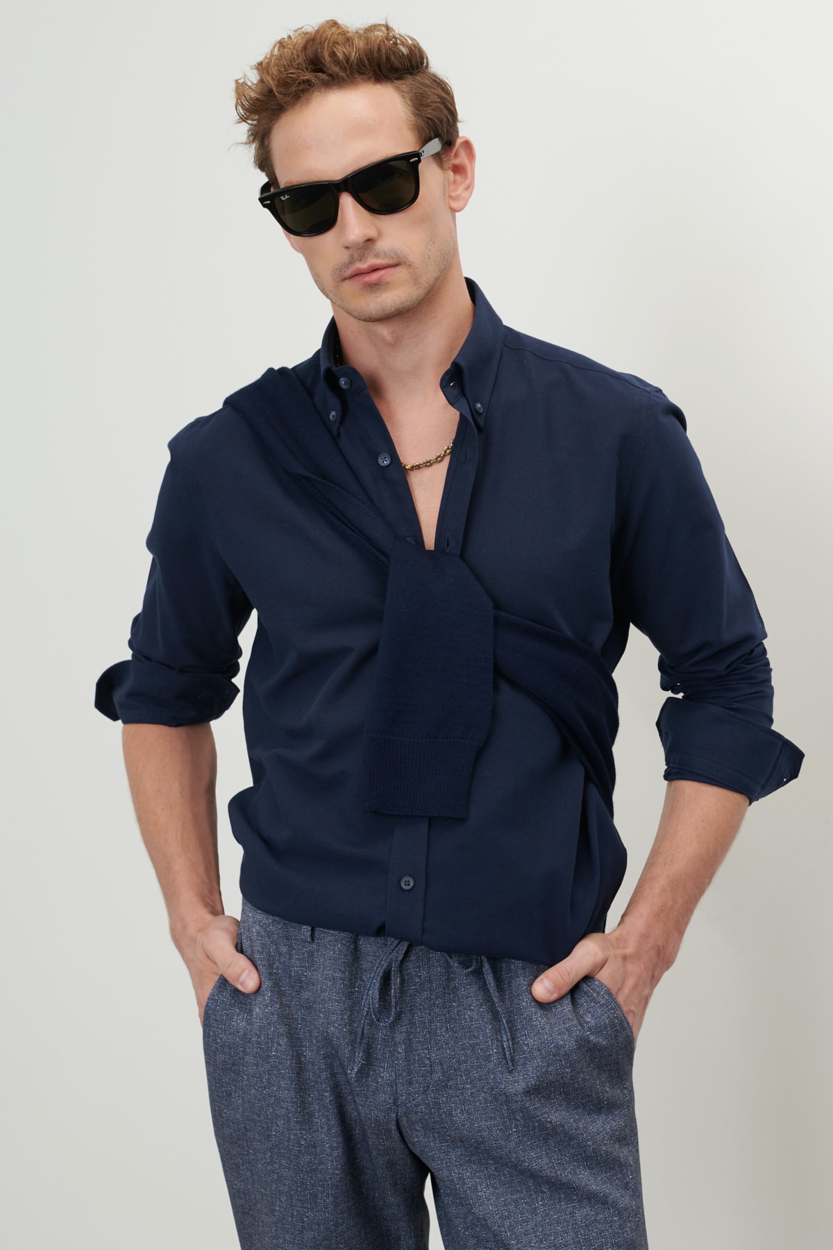 AC&Co / Altınyıldız Classics Men's Dark Navy Blue Slim Fit Slim Fit Buttoned Collar Cotton Oxford Shirt