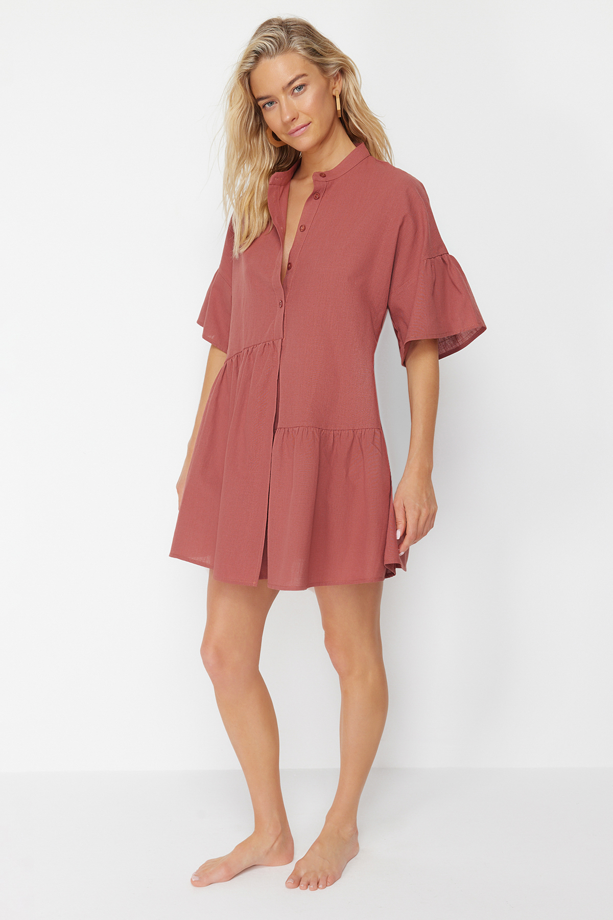 Trendyol Tile Wide Fit Mini Woven Flounce 100% Cotton Beach Dress