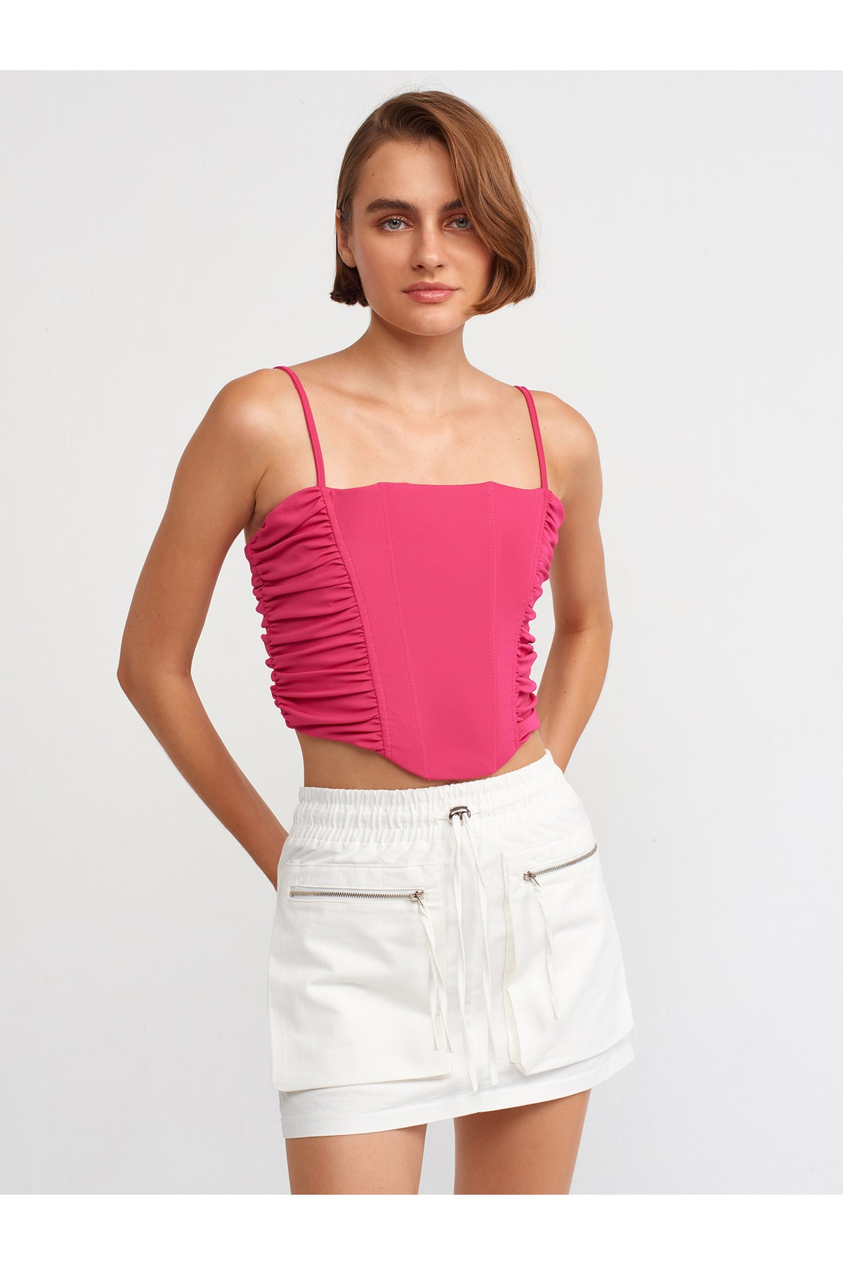 Levně Dilvin 20129 Gathered Detailed Strappy Crop Top-Fuchsia