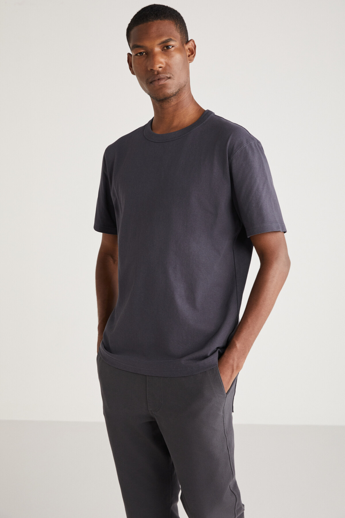 Levně GRIMELANGE Astons Men's Comfort Fit Thick Textured Recycle 100% Cotton Dark Gray T-shir