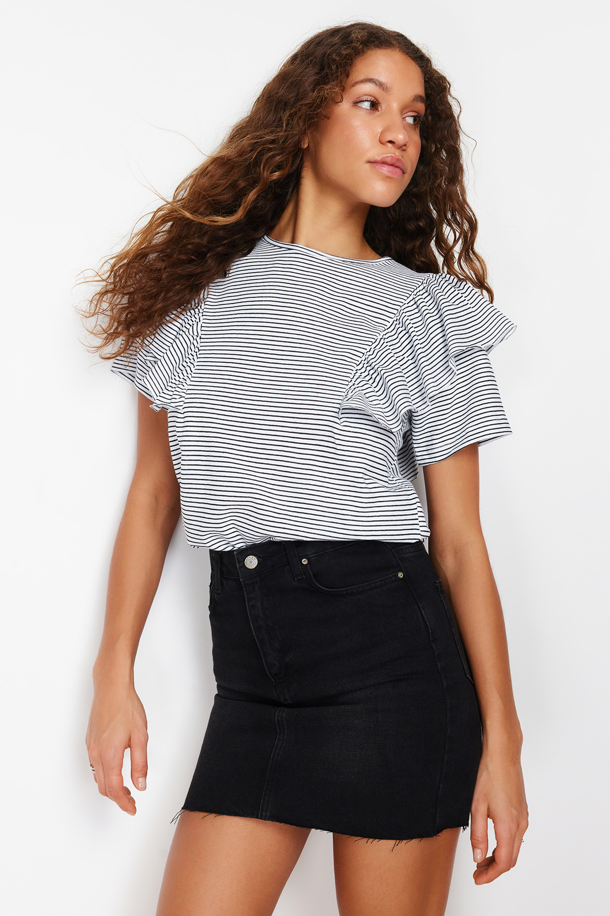 Trendyol Black Ruffled Sleeves Regular/Normal Fit Striped Crew Neck Knitted T-Shirt