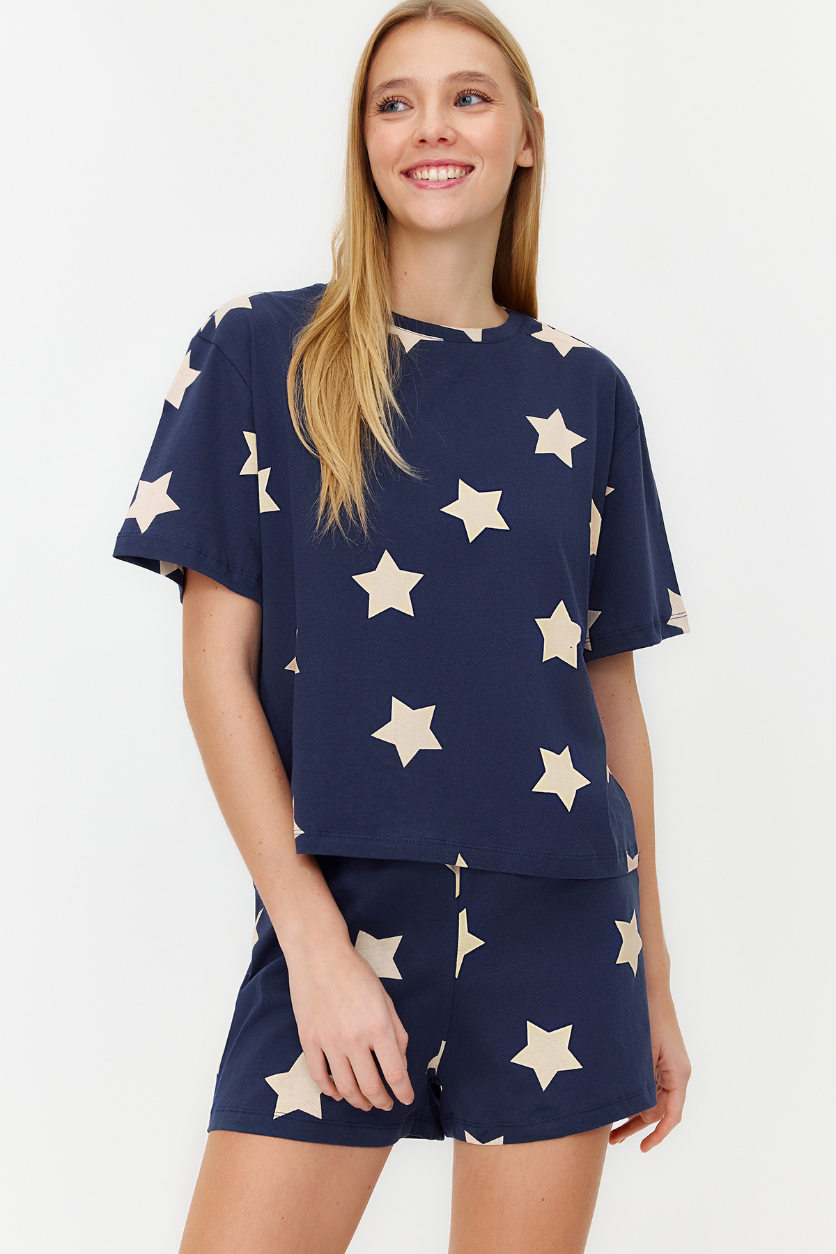 Levně Trendyol Navy Blue 100% Cotton Star Patterned T-shirt-Shorts Knitted Pajamas Set