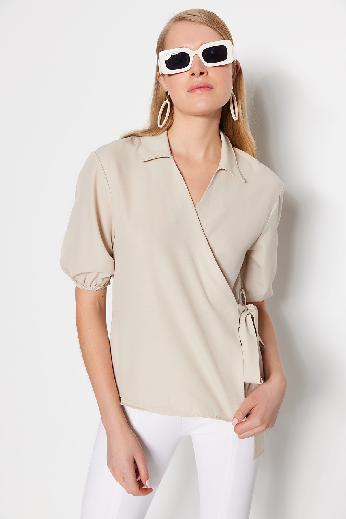Trendyol Stone Double Breasted Woven Blouse