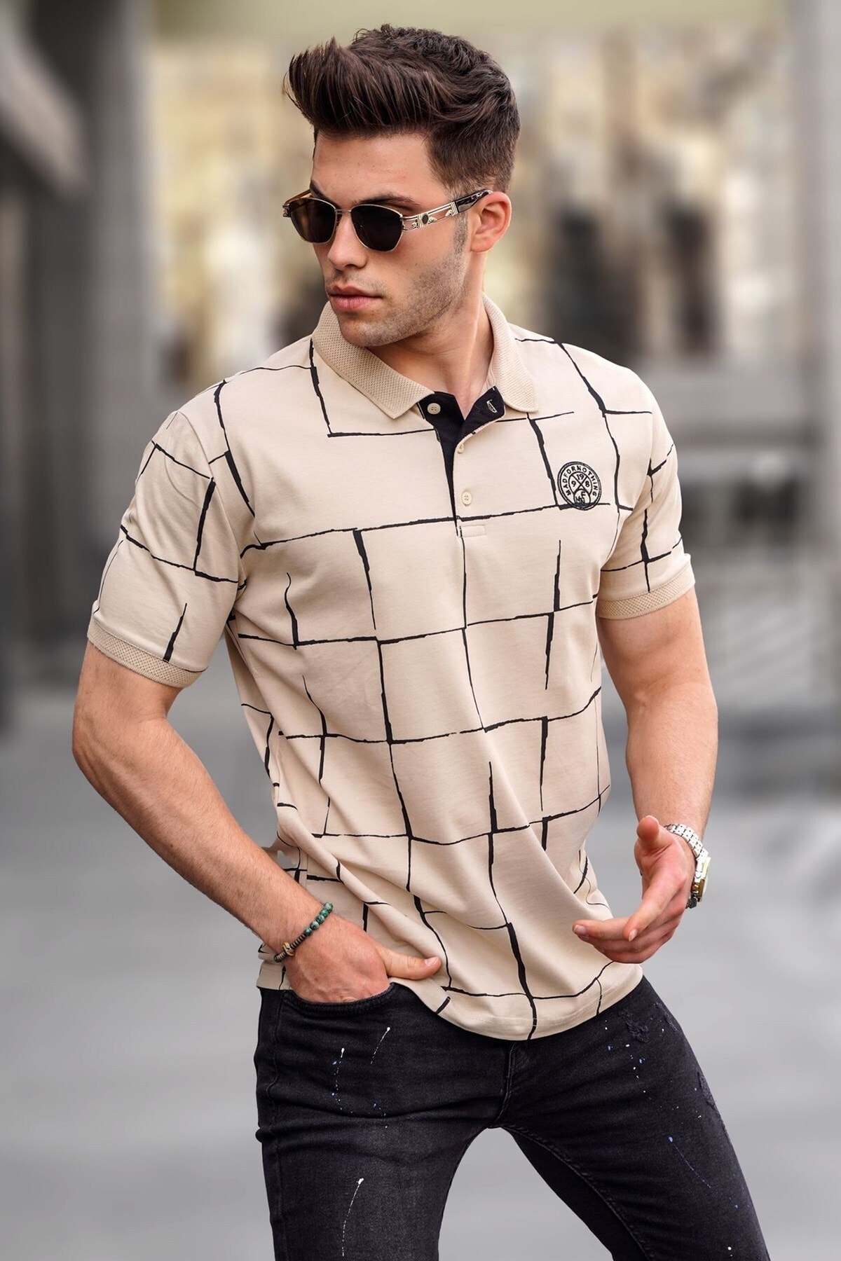 Madmext Beige Patterned Polo Neck T-Shirt 5887