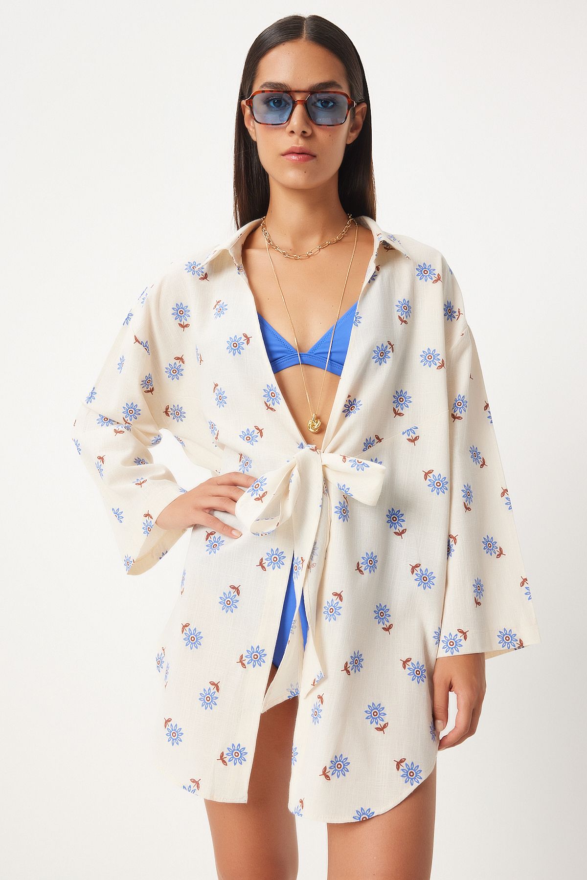 Happiness İstanbul Women's Ecru Blue Tied Linen Kimono