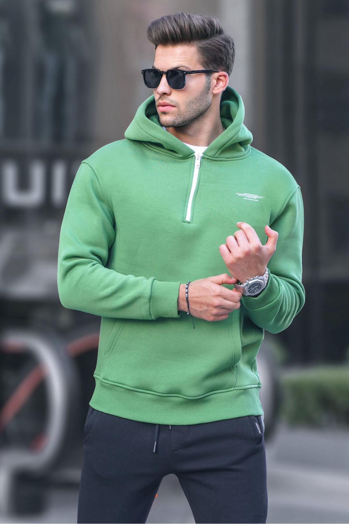 Levně Madmext Green Zippered Hooded Sweatshirt 6143
