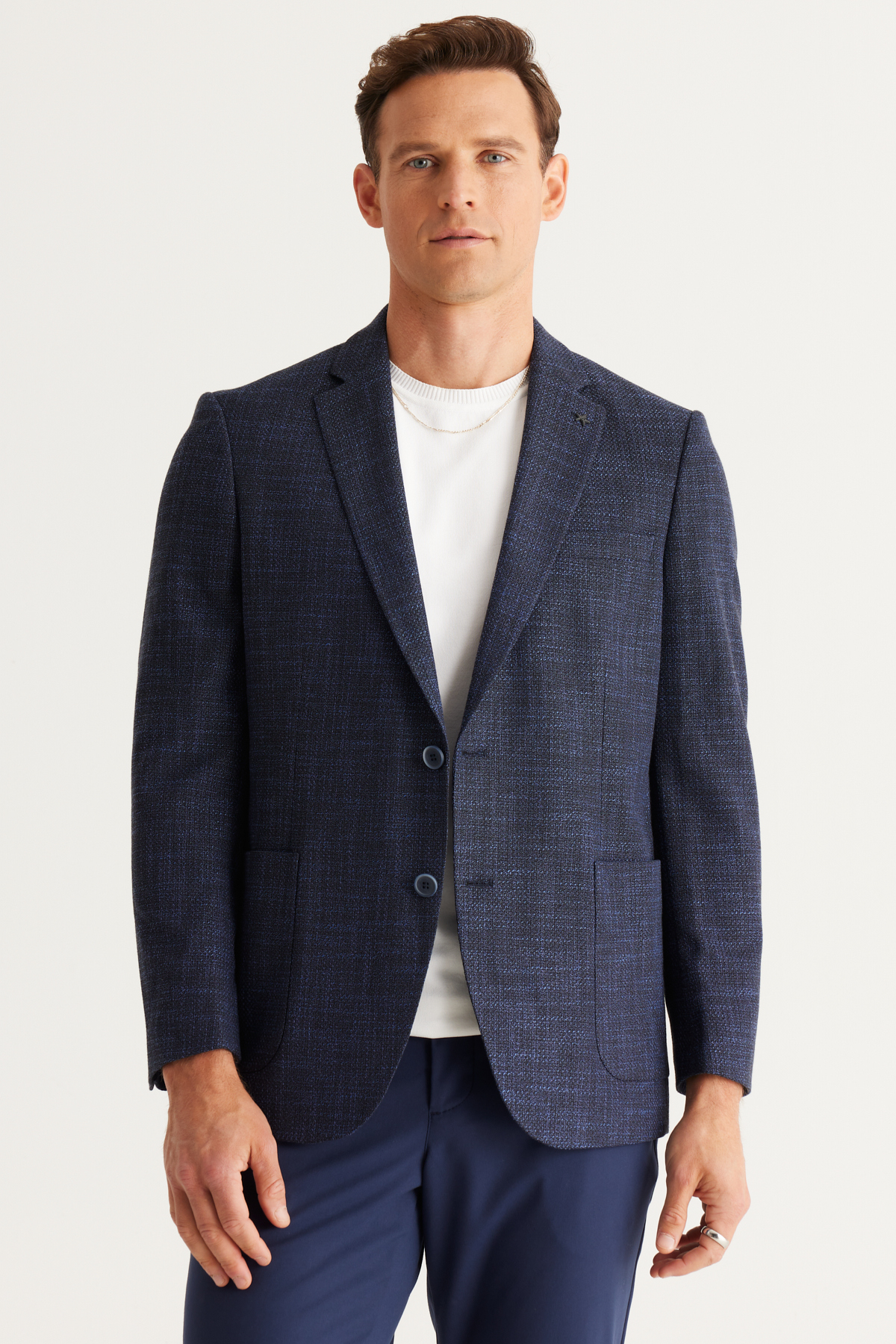 ALTINYILDIZ CLASSICS Men's Navy Blue Comfort Fit Relaxed Cut Mono Collar Patterned Blazer Jacket