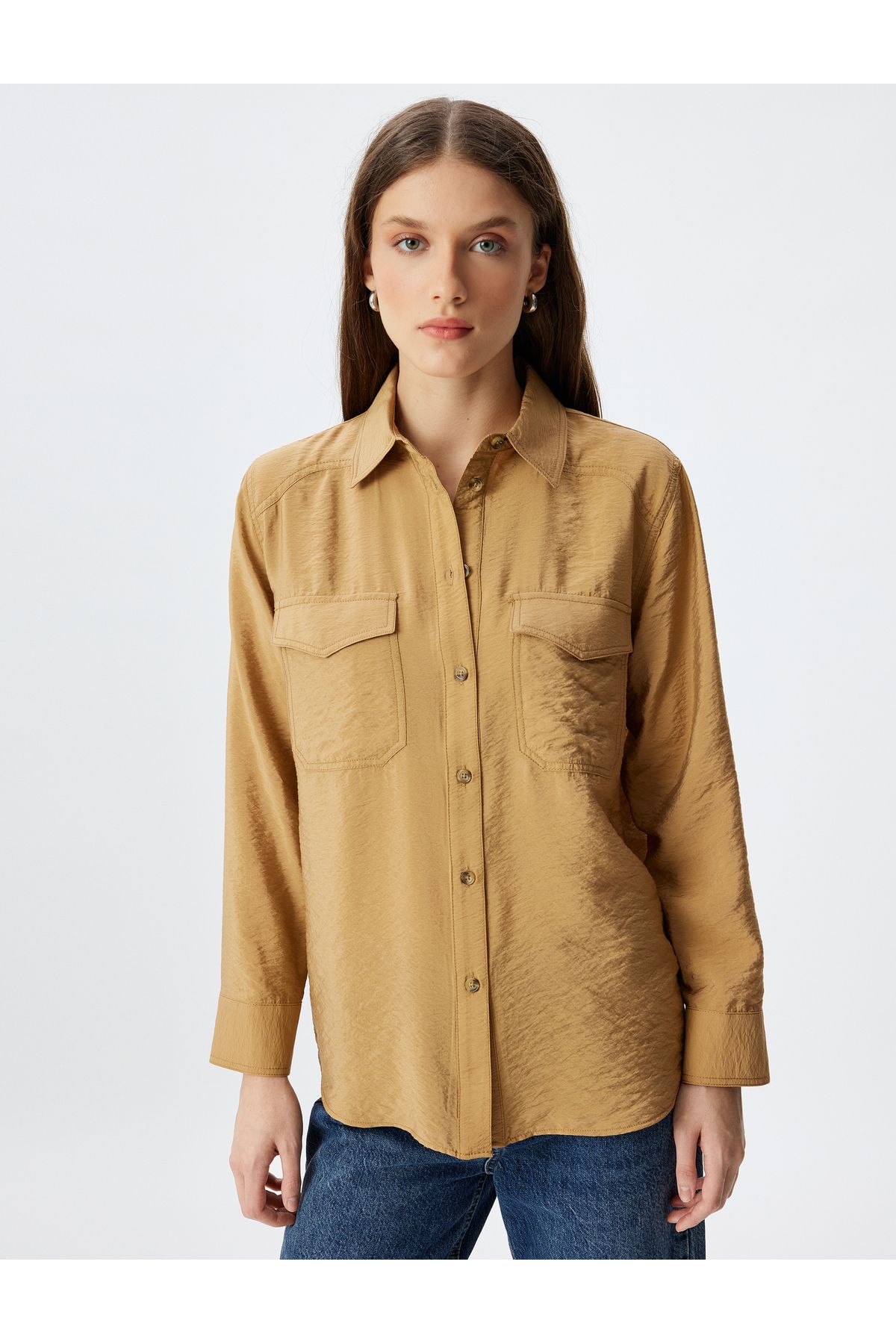Koton Viscose Oversize Shirt with Flap Pocket Detail Textured Long Sleeves