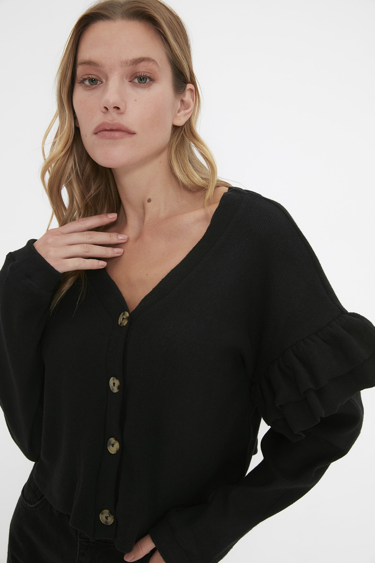 Trendyol Black Ruffle Detailed Fake Knitwear Knitted Cardigan