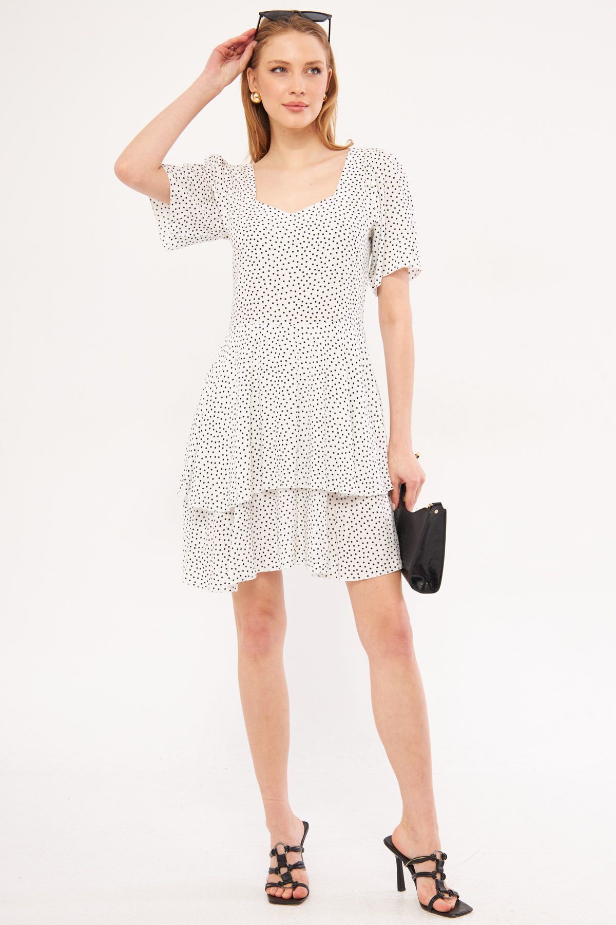 armonika Women's White Minus Dress Short Sleeve Skirt Layered Zippered Patterned Mini Size