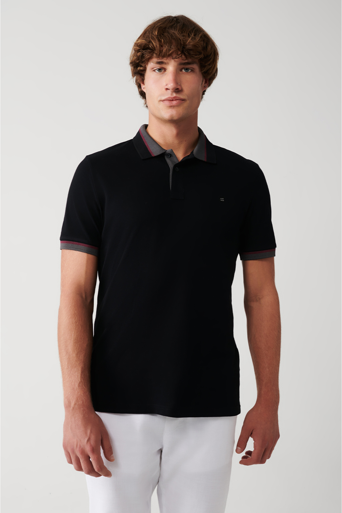 Avva Men's Black Collar Striped 100% Cotton Standard Fit Normal Cut 2 Buttons Polo Neck T-Shirt