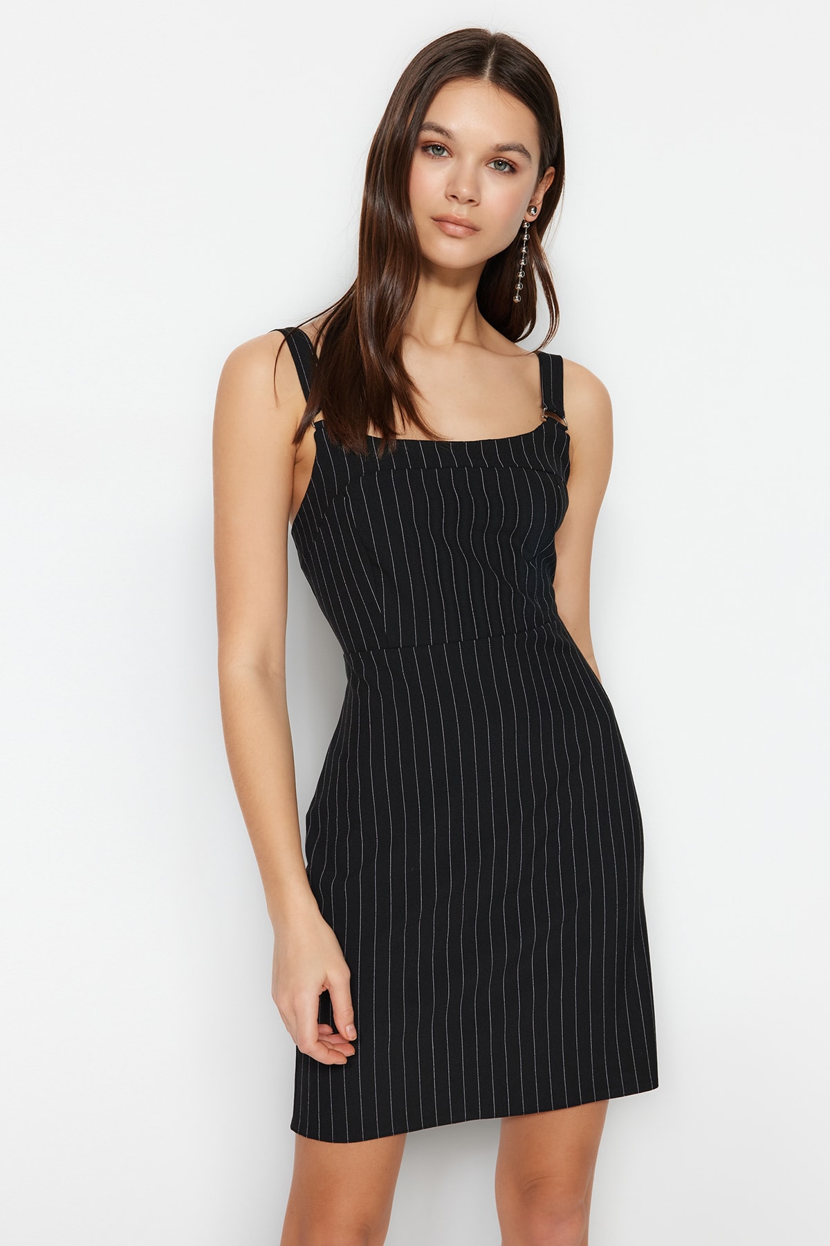 Levně Trendyol Black Striped Strap A-Line/A-Line Form Mini Woven Dress