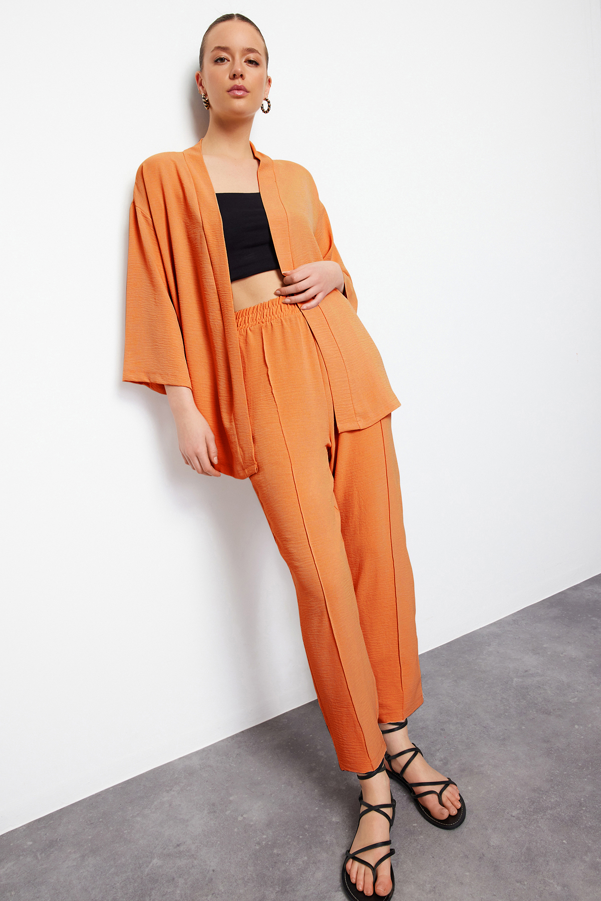 Levně Trendyol Orange Woven Kimono Trousers Two Piece Set
