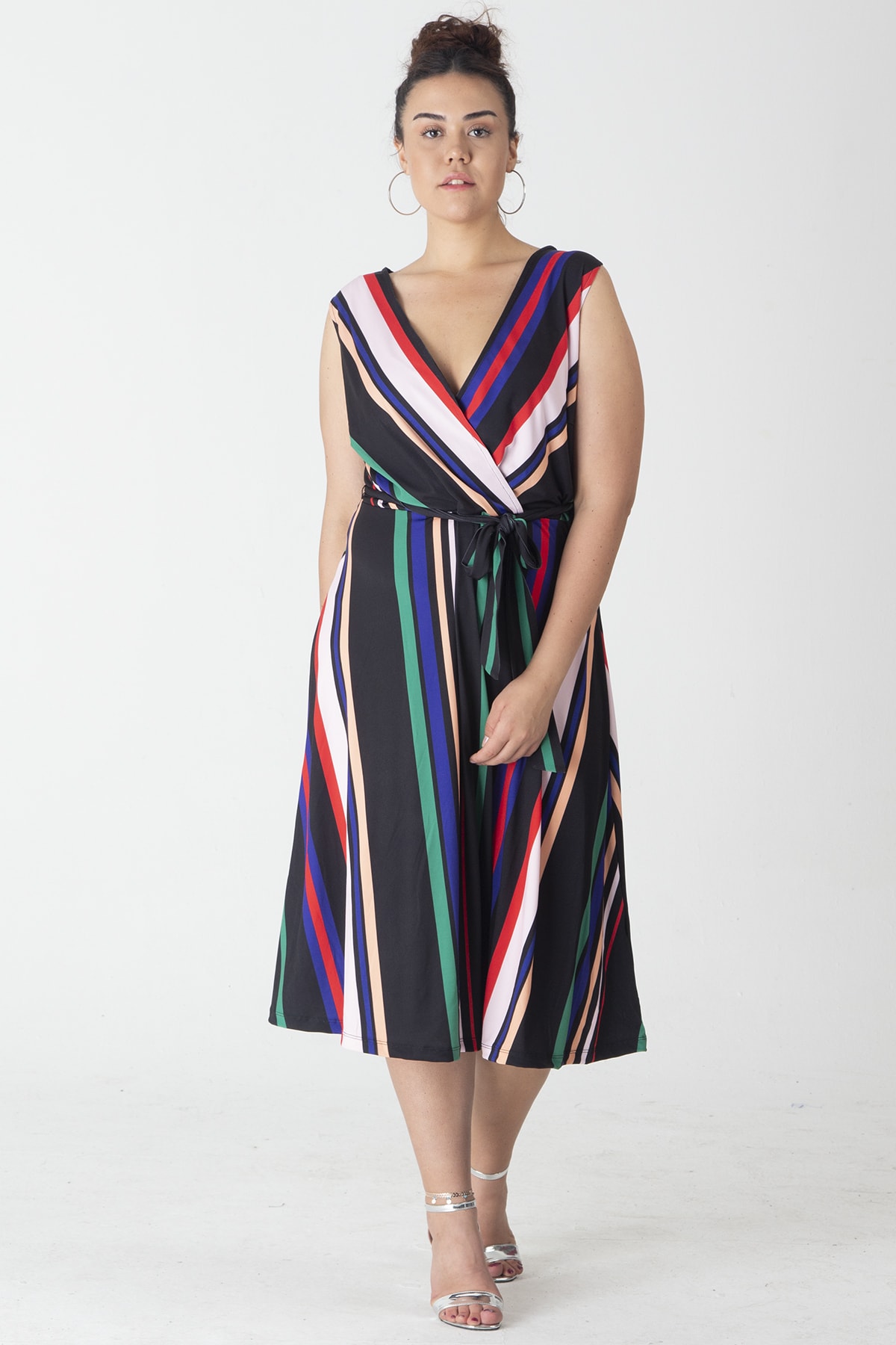 Şans Women's Large Size Patterned Wrap Striped Dress