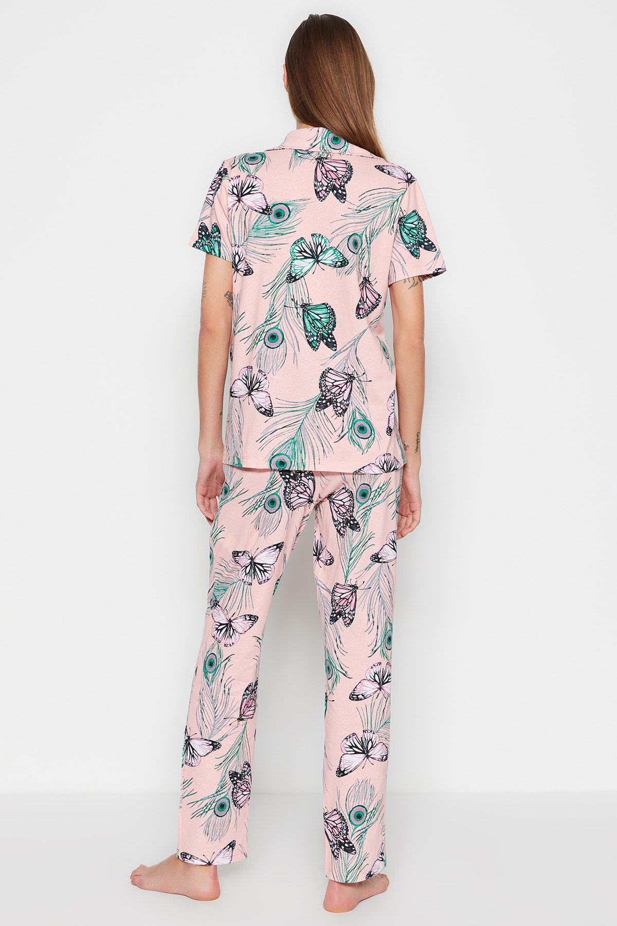 Trendyol Pink 100% Cotton Butterfly Patterned Shirt-Pants Knitted Pajama Set