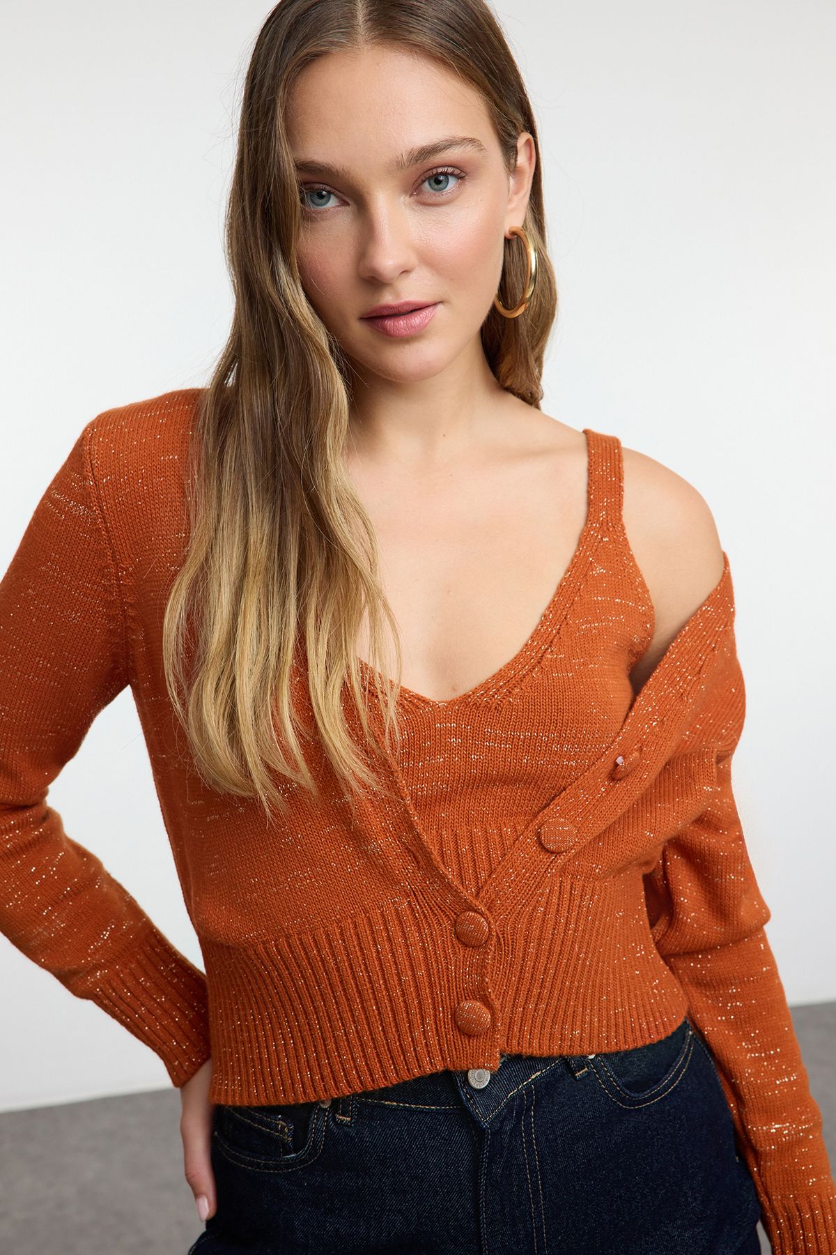 Trendyol Brick Crop Knit Cardigan