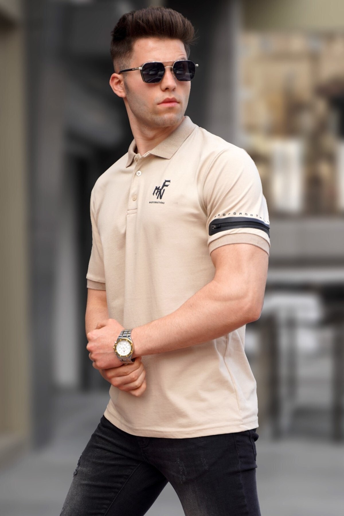 Madmext Beige Zipper Detailed Polo Men's T-Shirt 5862