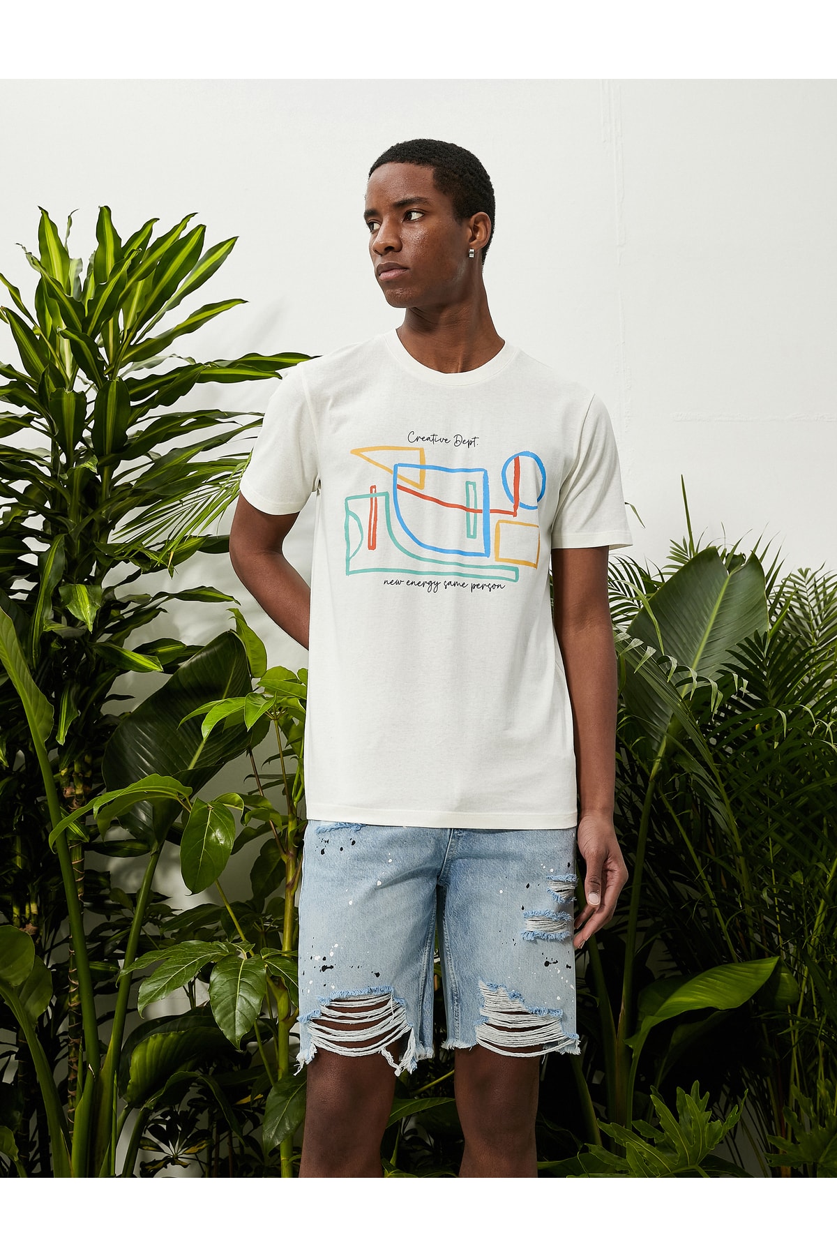 Koton Geometric Print T-Shirt with Slogan Detailed Crew Neck Cotton.
