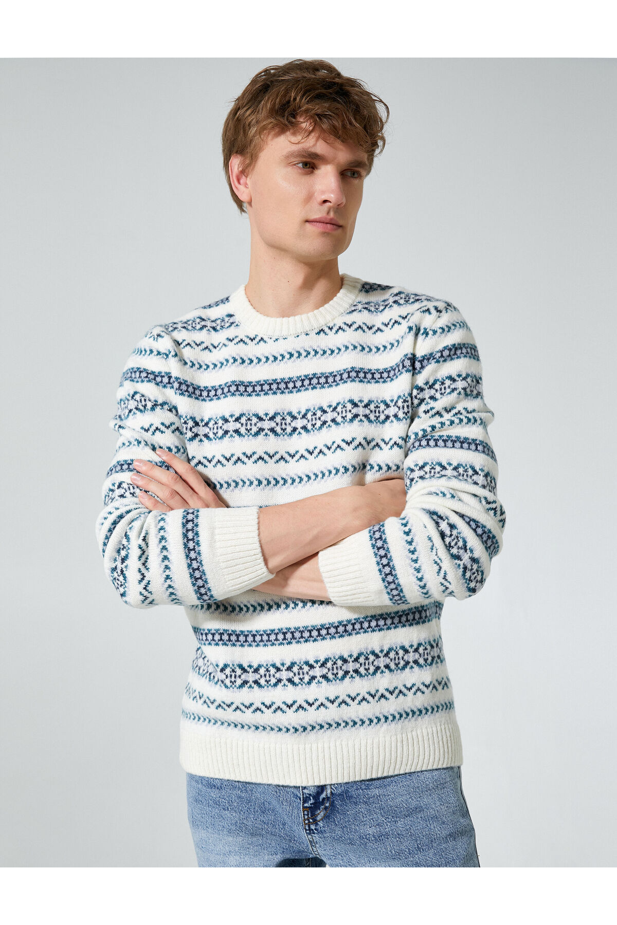 Koton Crew Neck Sweater Ethnic Detailed Acrylic Blend