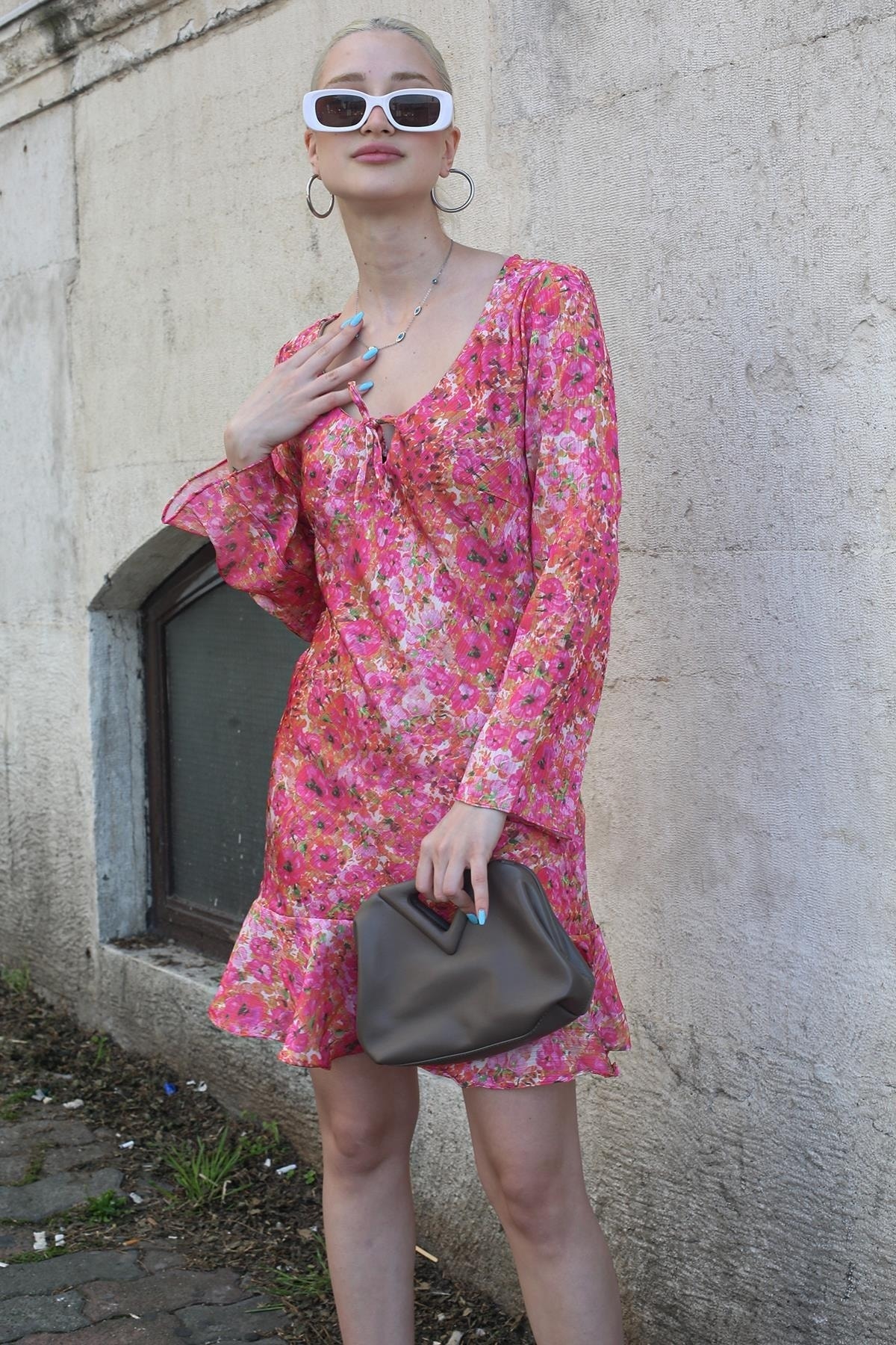 Madmext Pink Flower Patterned Dress