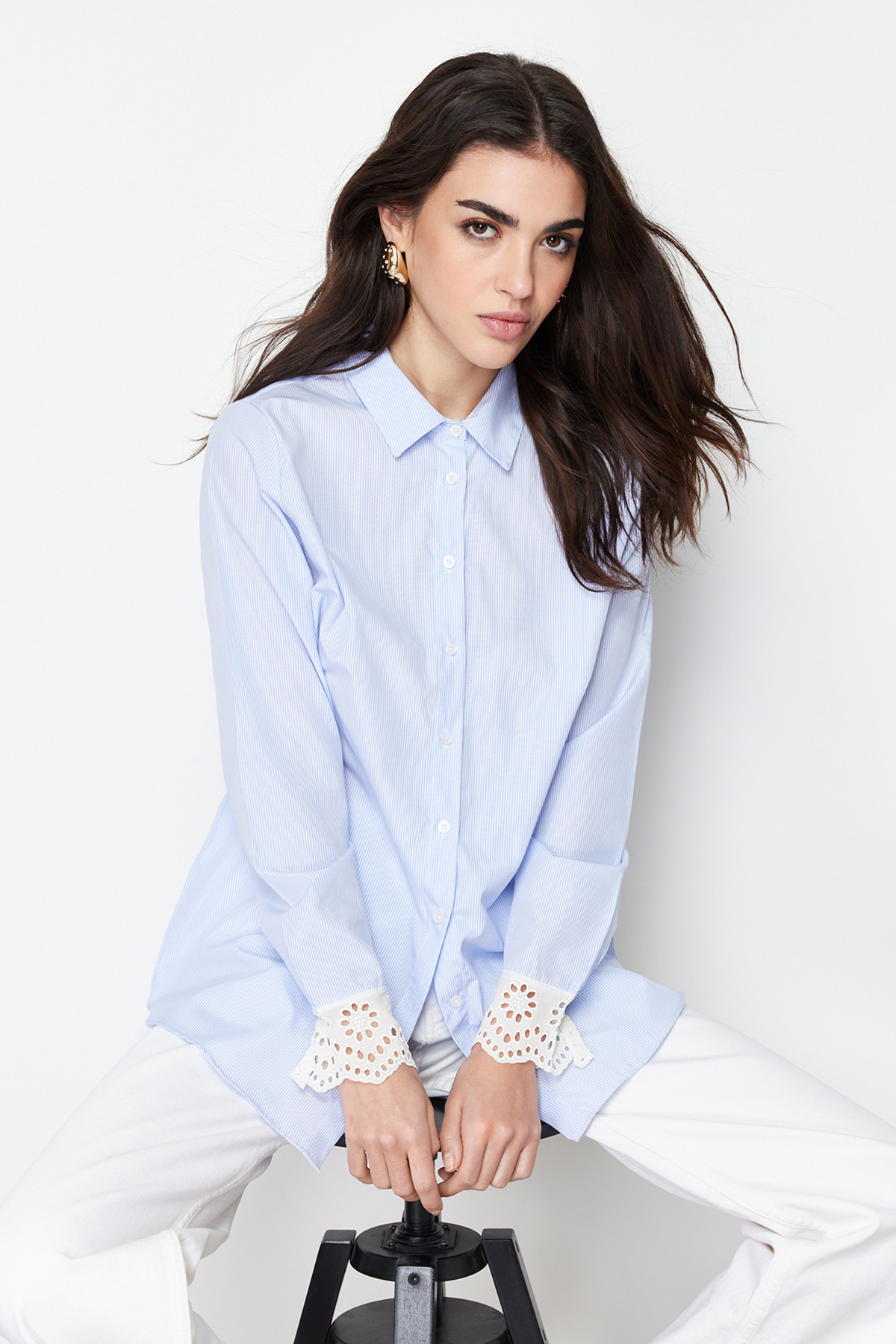 Trendyol Blue Embroidery Detailed Cotton Blend Woven Shirt